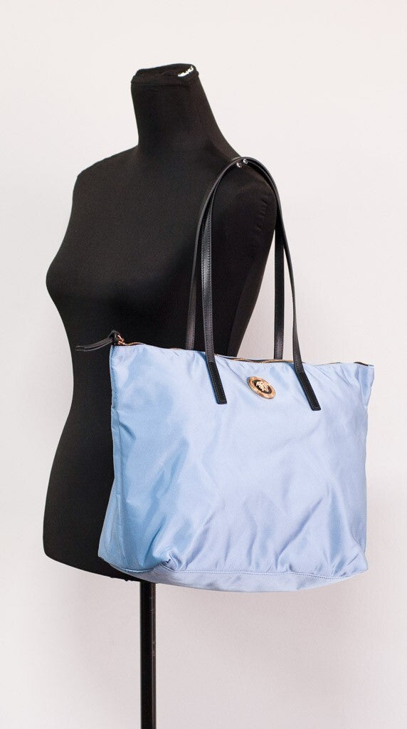Versace Portuna Medusa Medium Cornflower Blue Nylon Leather Tote Bag Purse - ventzia