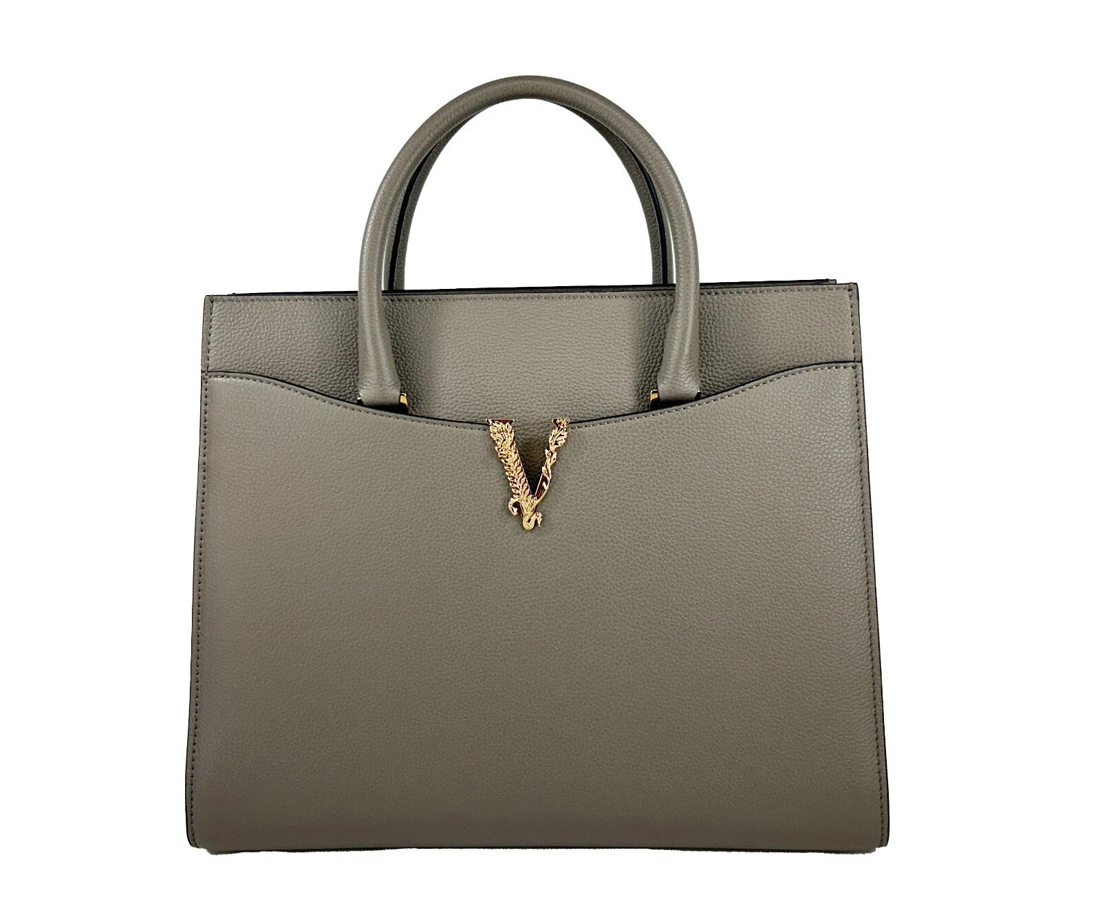 Versace Virtus Large Leather Top Handle Satchel Bag Tote Gray - ventzia