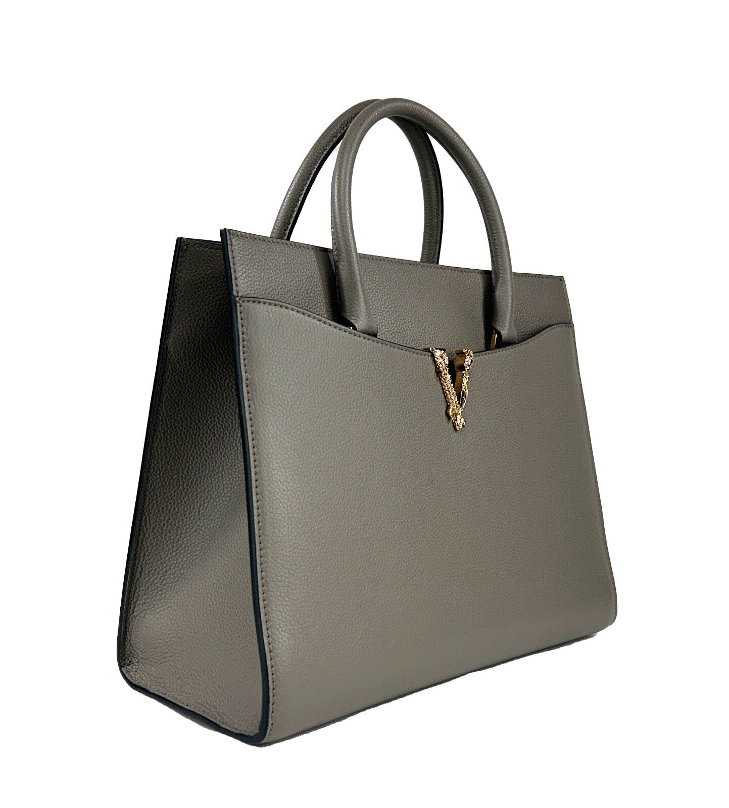 Versace Virtus Large Leather Top Handle Satchel Bag Tote Gray - ventzia