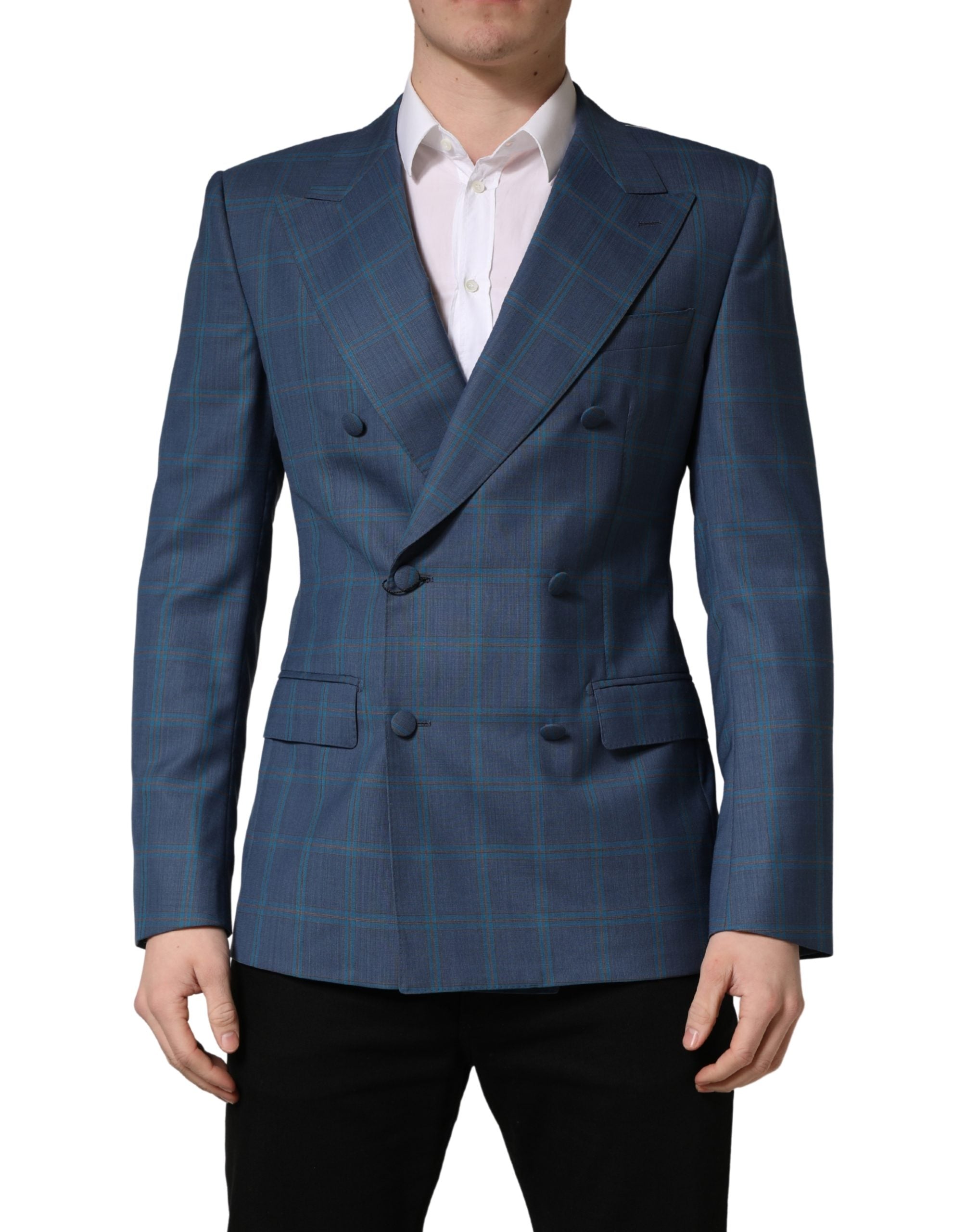 Blue Checked Double Breasted Men Suit Jacket - ventzia