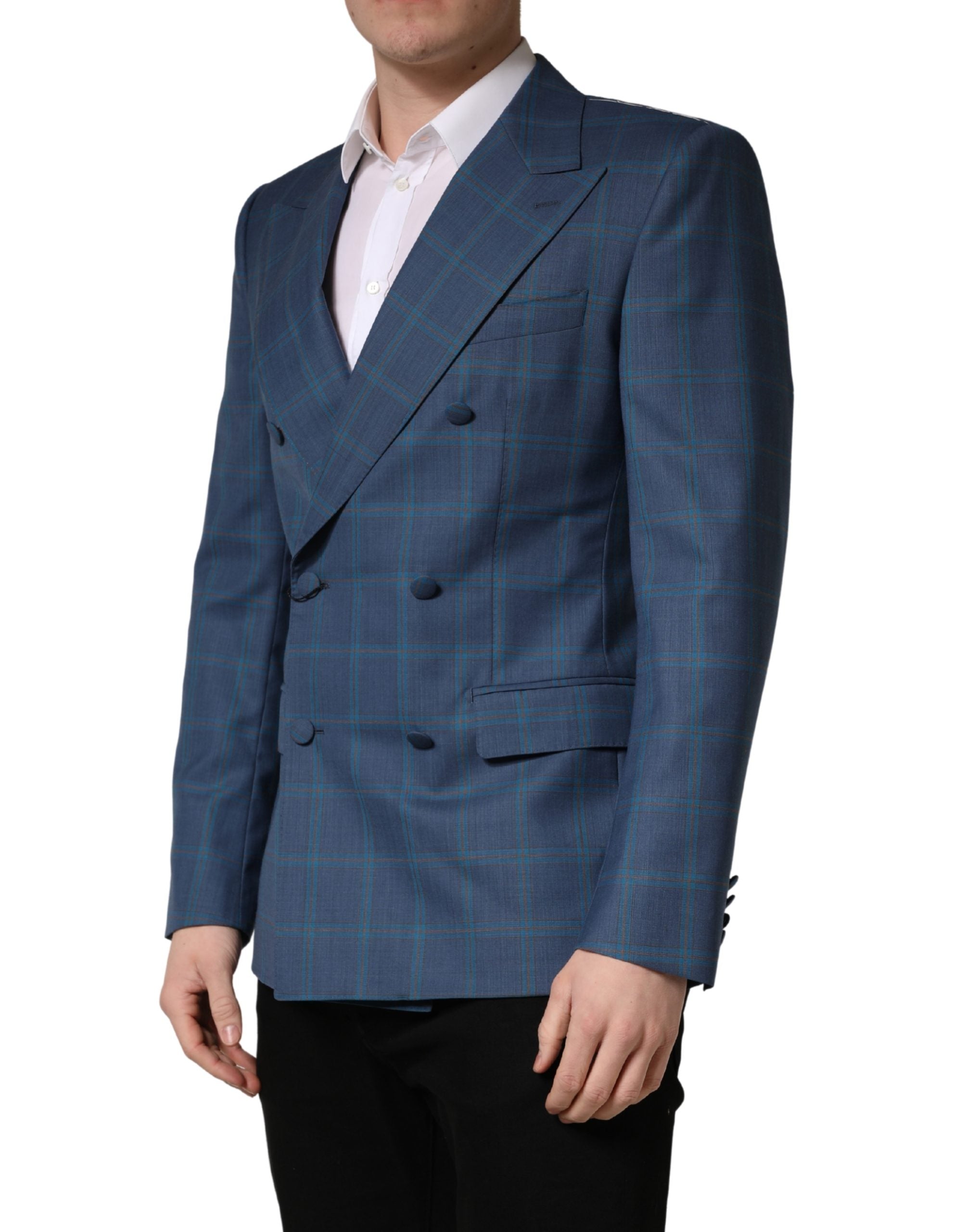 Blue Checked Double Breasted Men Suit Jacket - ventzia