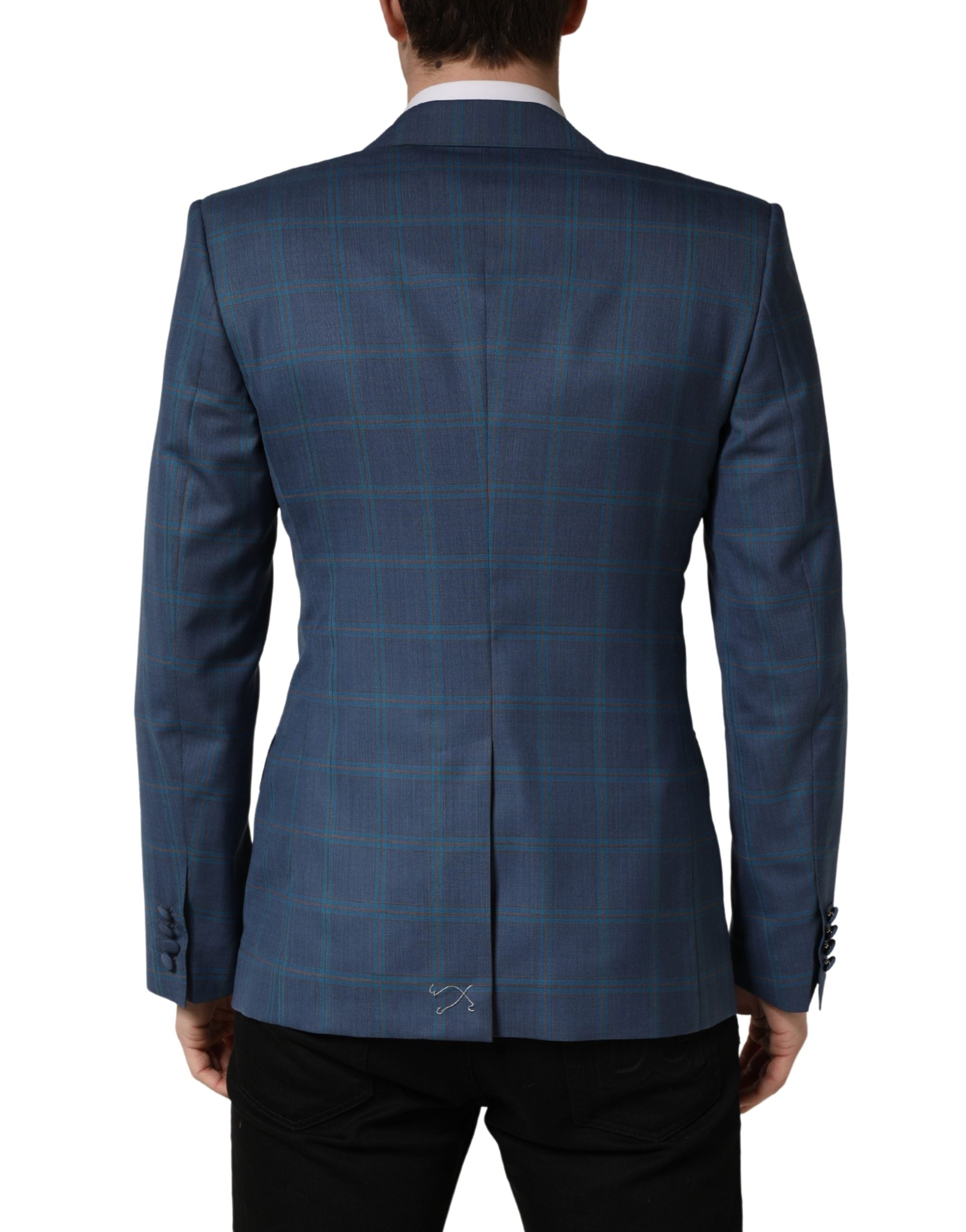 Blue Checked Double Breasted Men Suit Jacket - ventzia