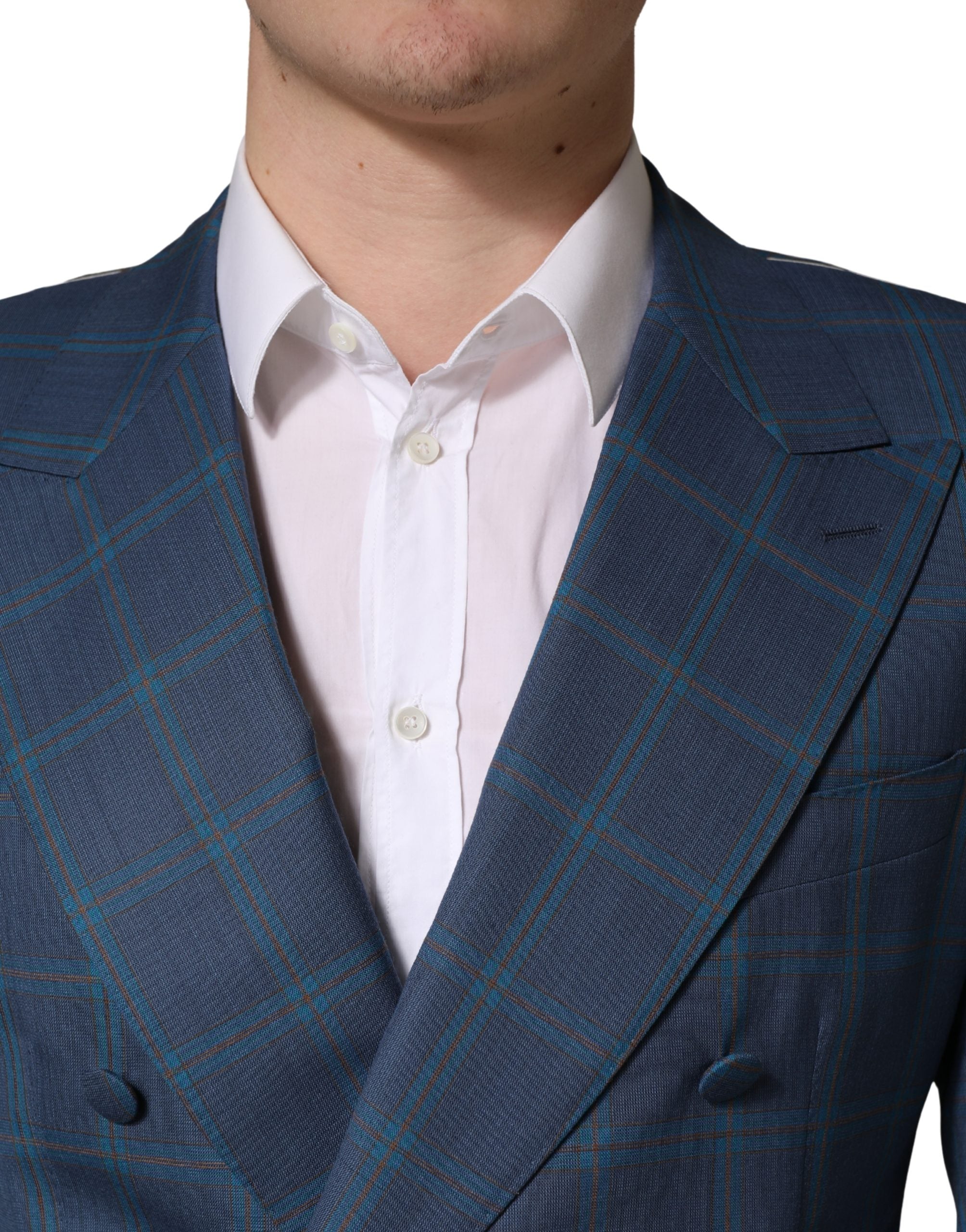 Blue Checked Double Breasted Men Suit Jacket - ventzia