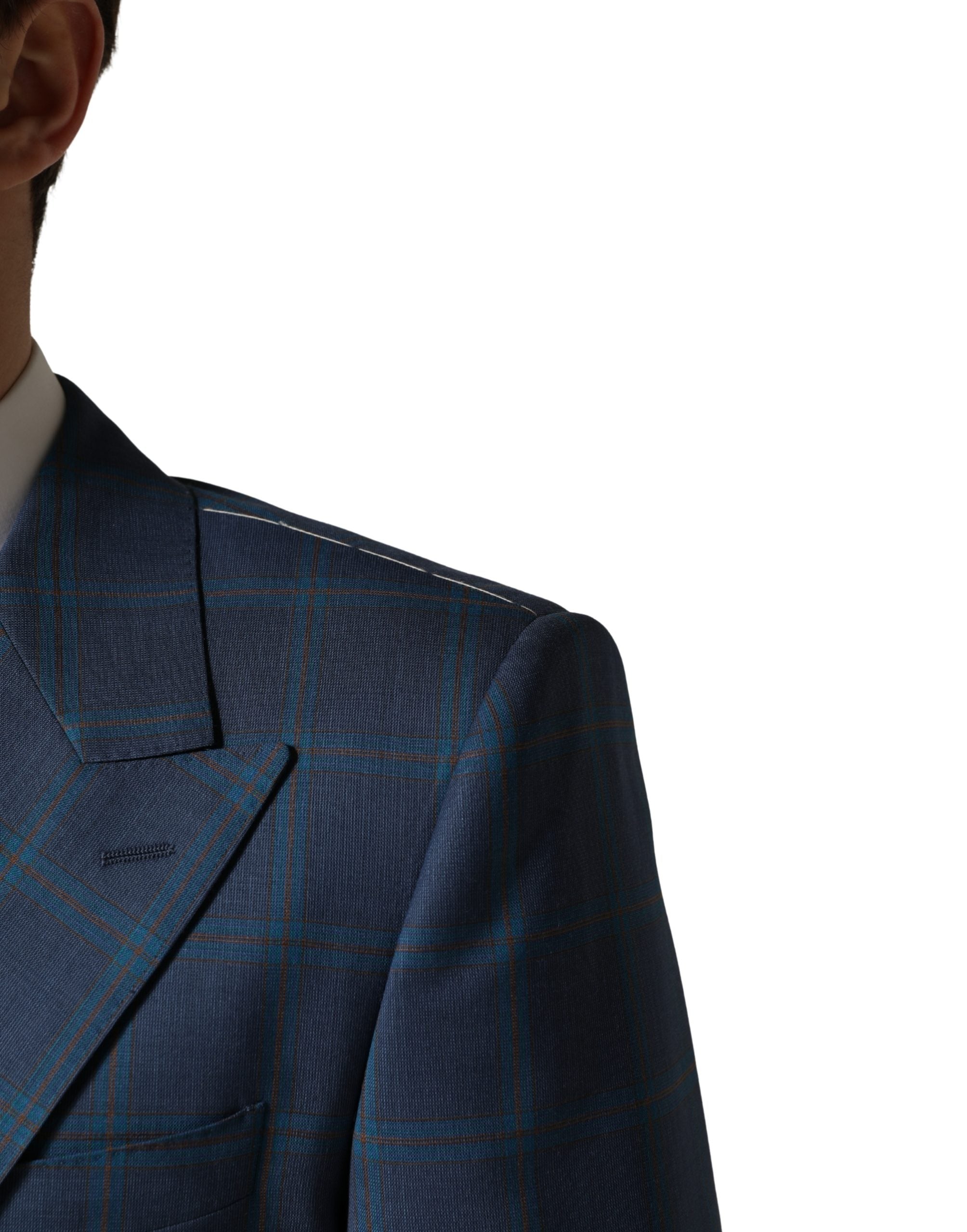 Blue Checked Double Breasted Men Suit Jacket - ventzia