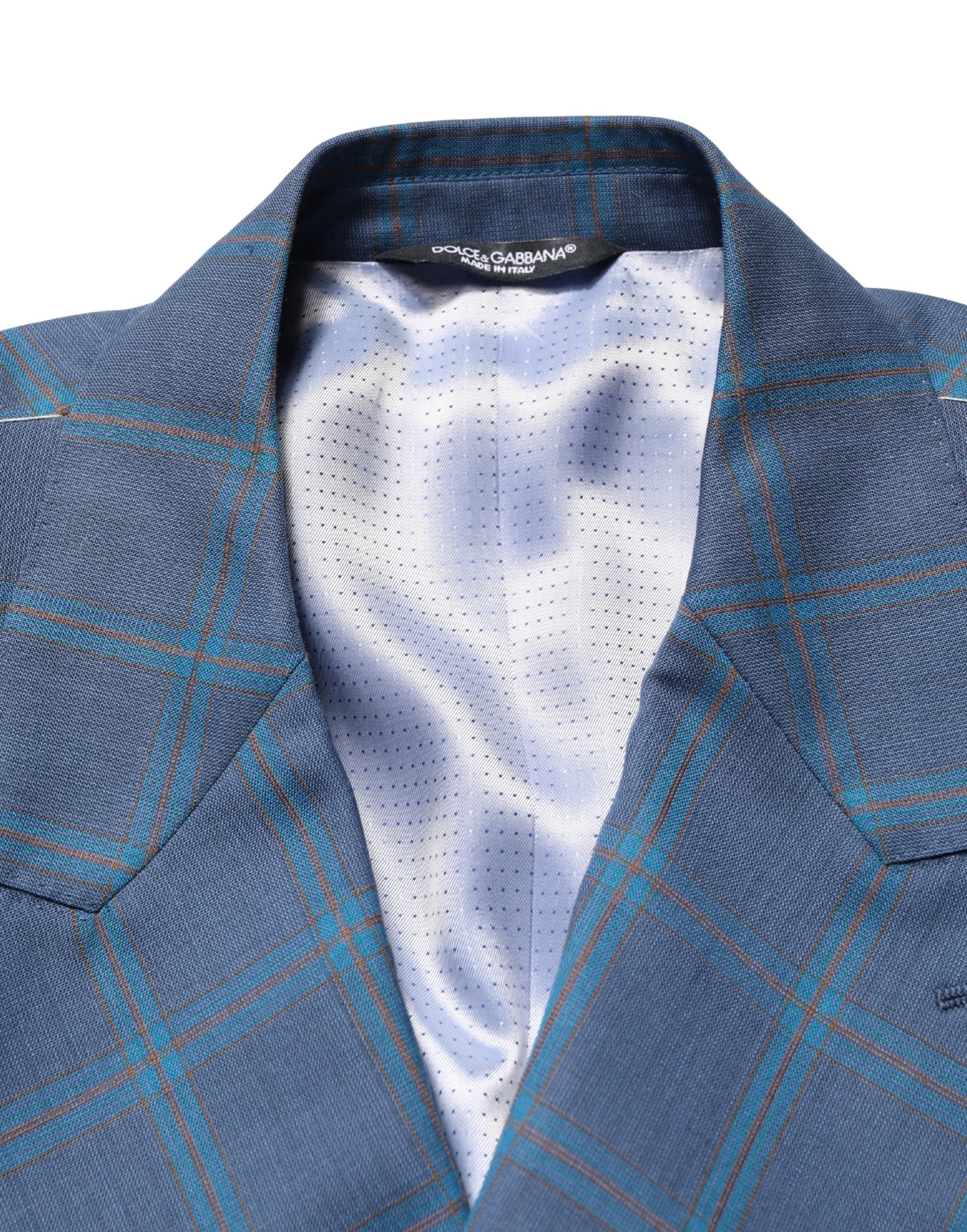 Blue Checked Double Breasted Men Suit Jacket - ventzia