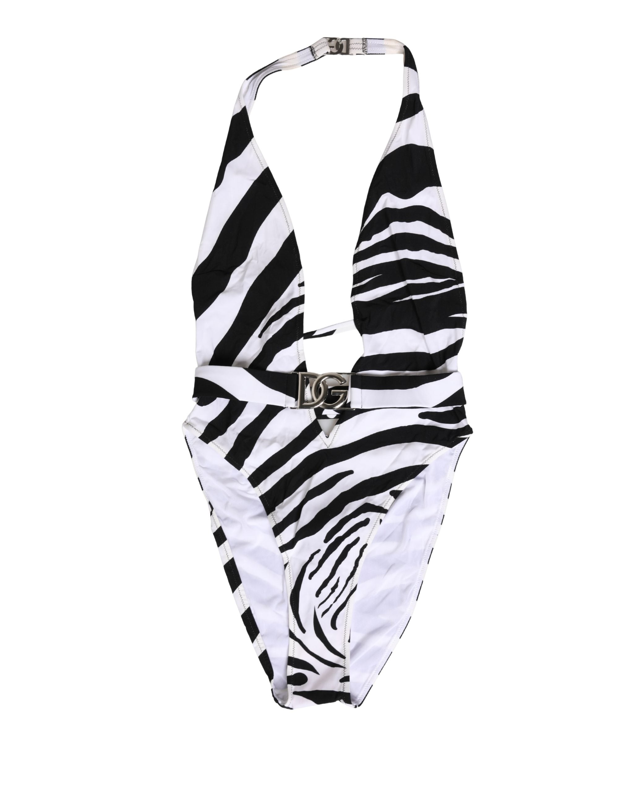 Black White Zebra Deep V-Neck One Piece Swimwear - ventzia