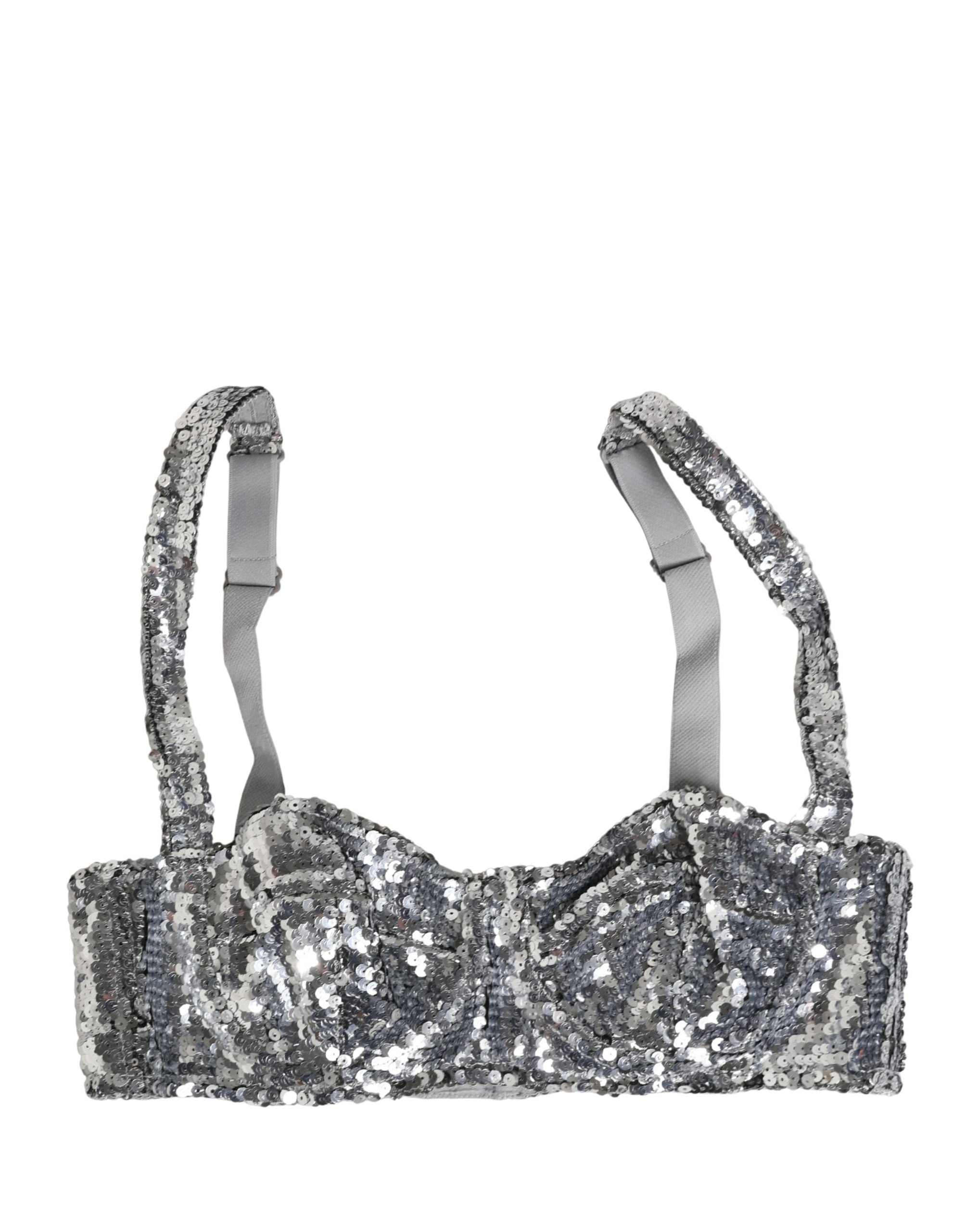 Silver Sequined Nyon Balconnet Bra Underwear - ventzia