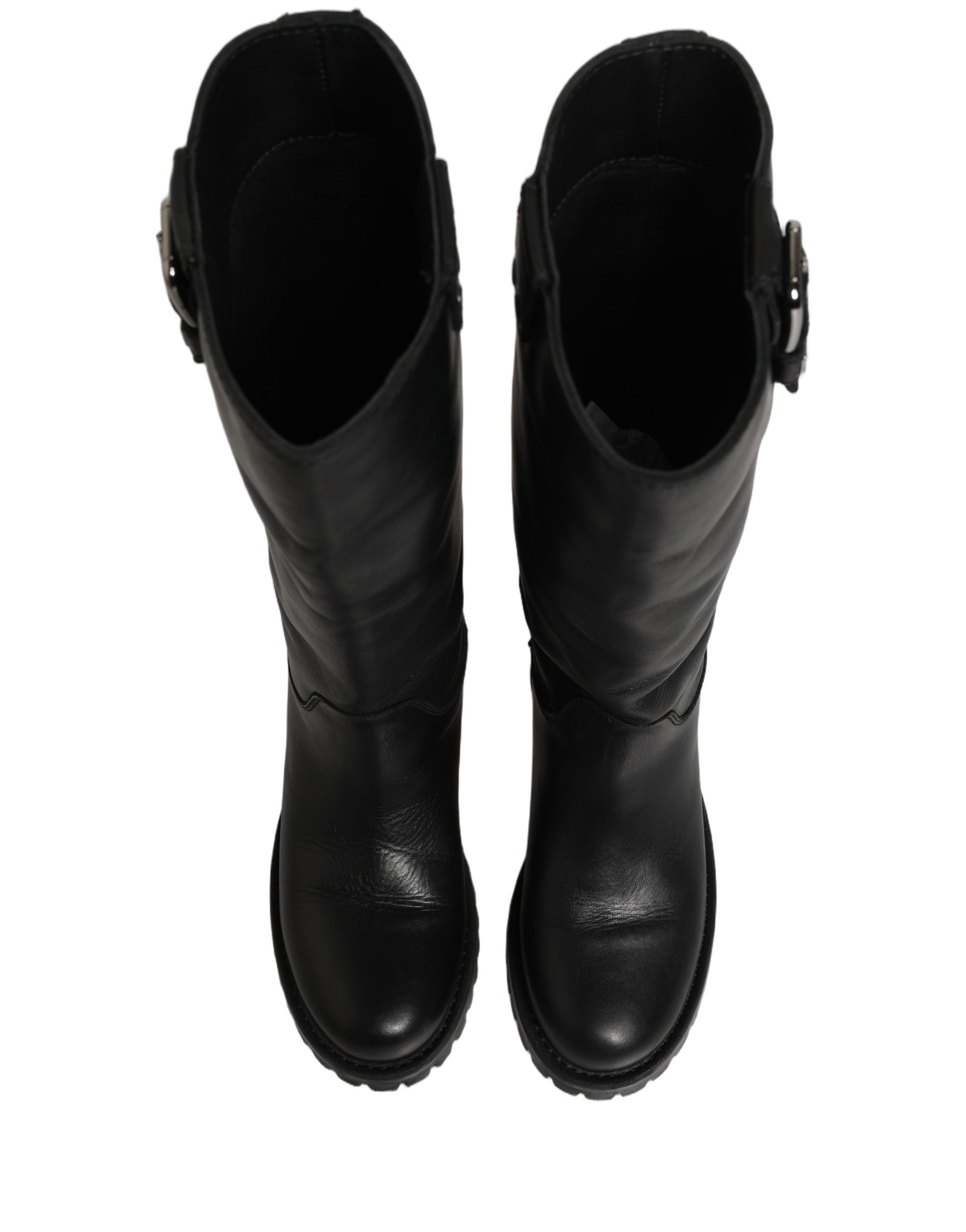 Black Leather Buckle Detail Mid Calf Boots Shoes