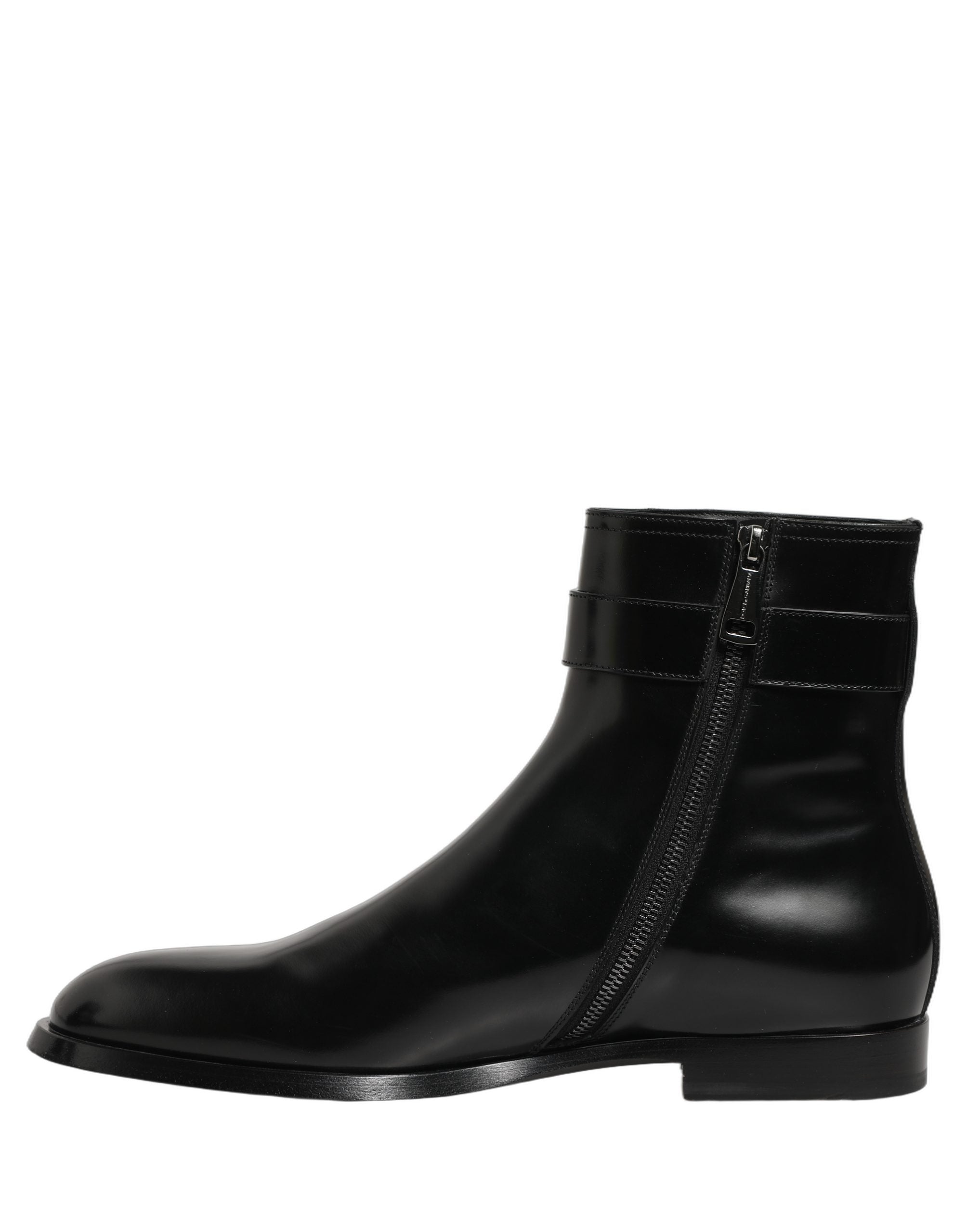 Black Leather Logo Buckle Mid Calf Boots Shoes