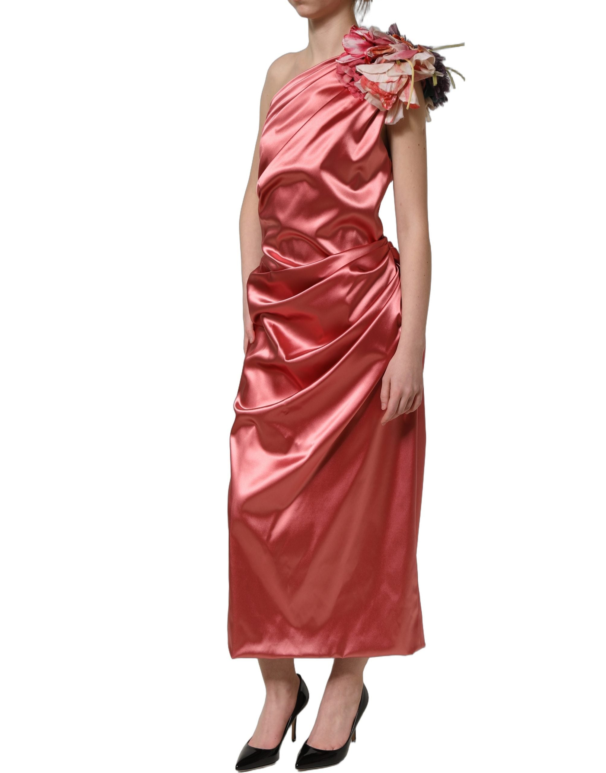Pink Draped Midi Flower Appliques Dress