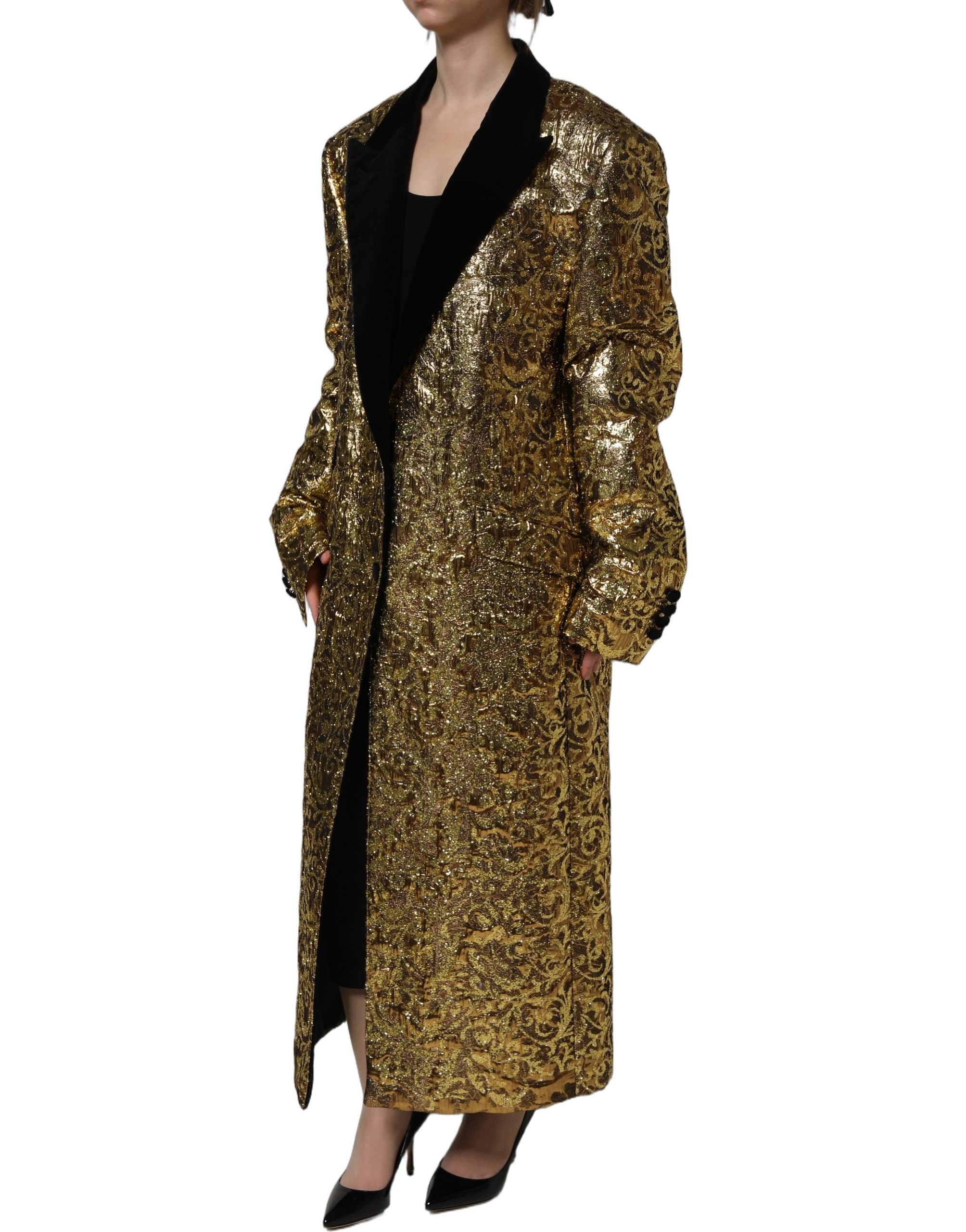 Gold Floral Jacquard Wool Trench Coat Jacket