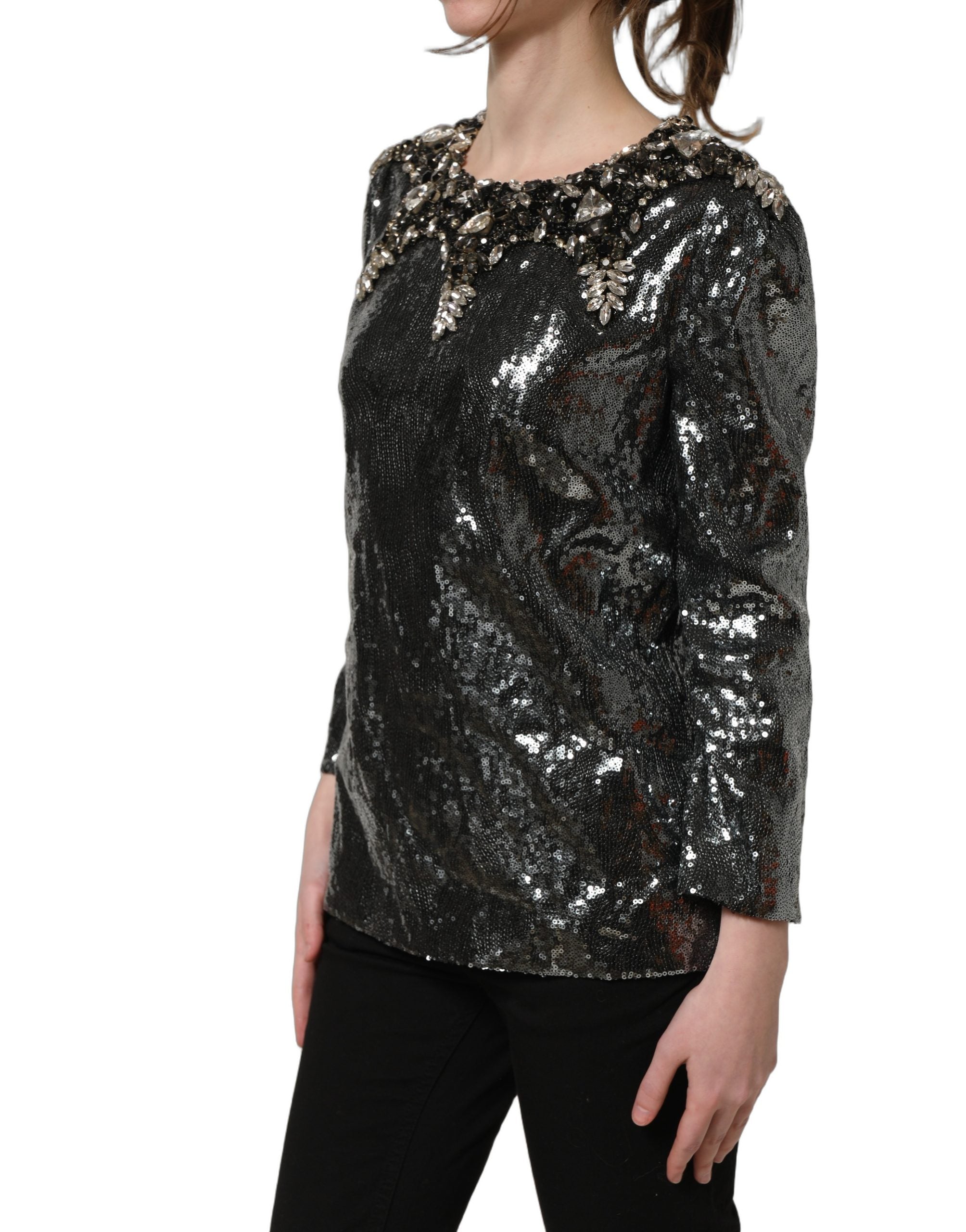 Metallic Gray Sequin Embellished Blouse Top