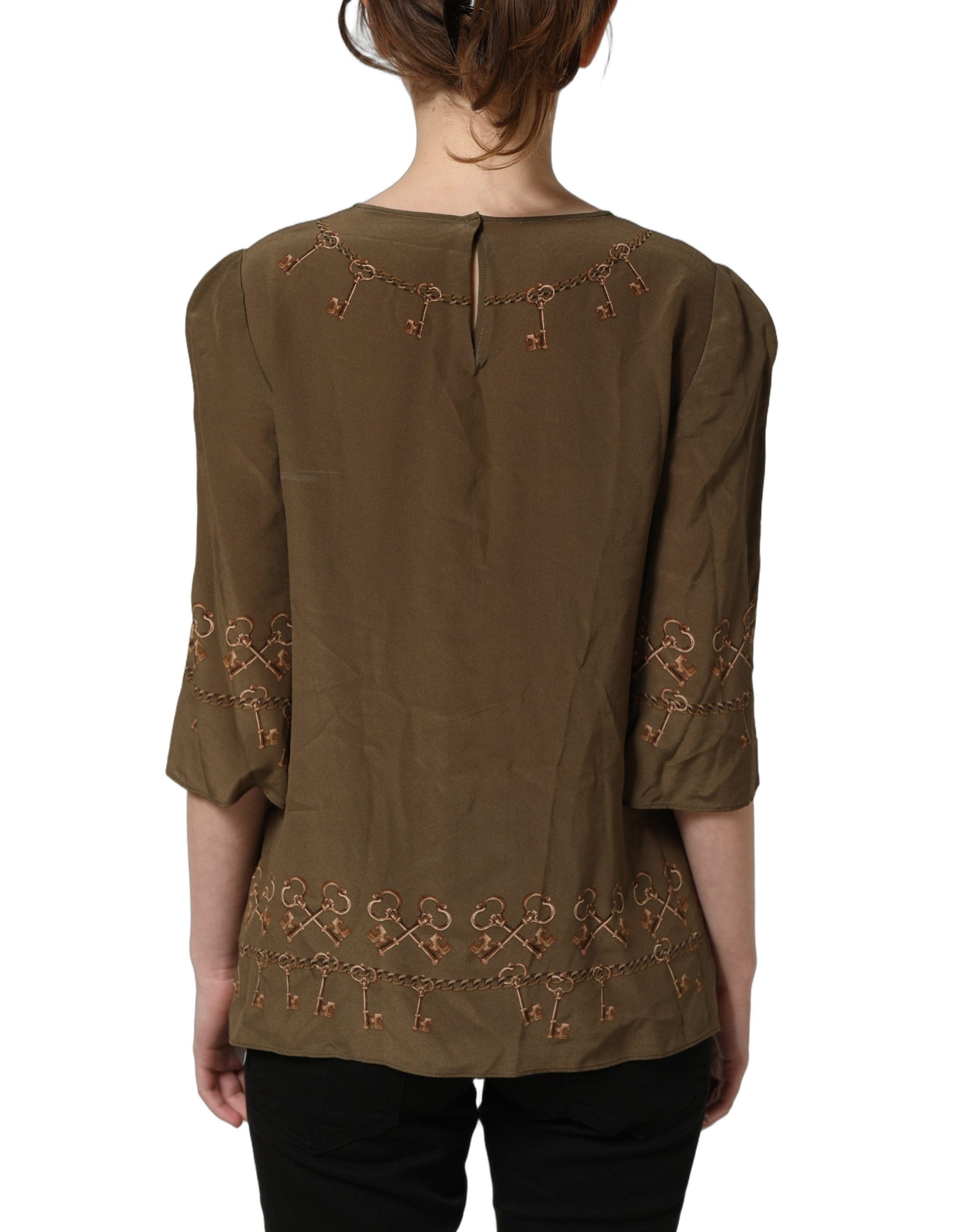 Brown Keys Roses Printed Silk Blouse Top