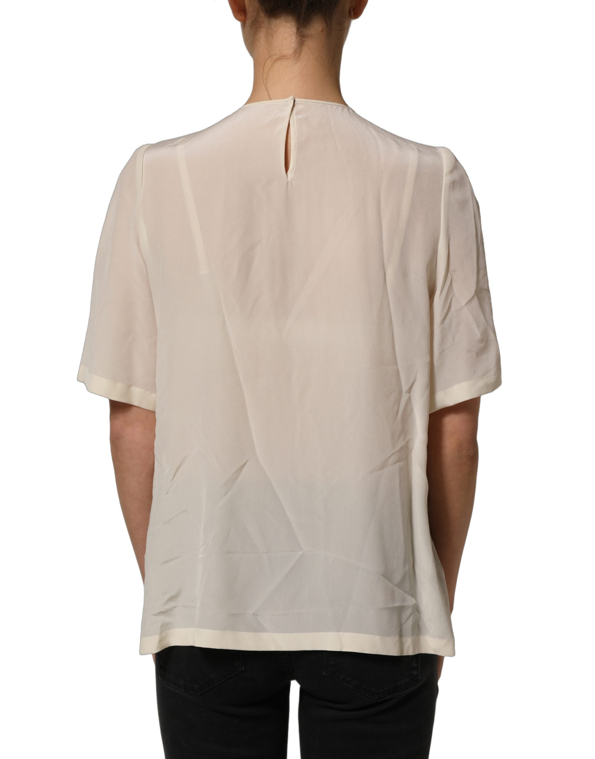 Beige Lace Trim Bow Short Sleeves Blouse Top