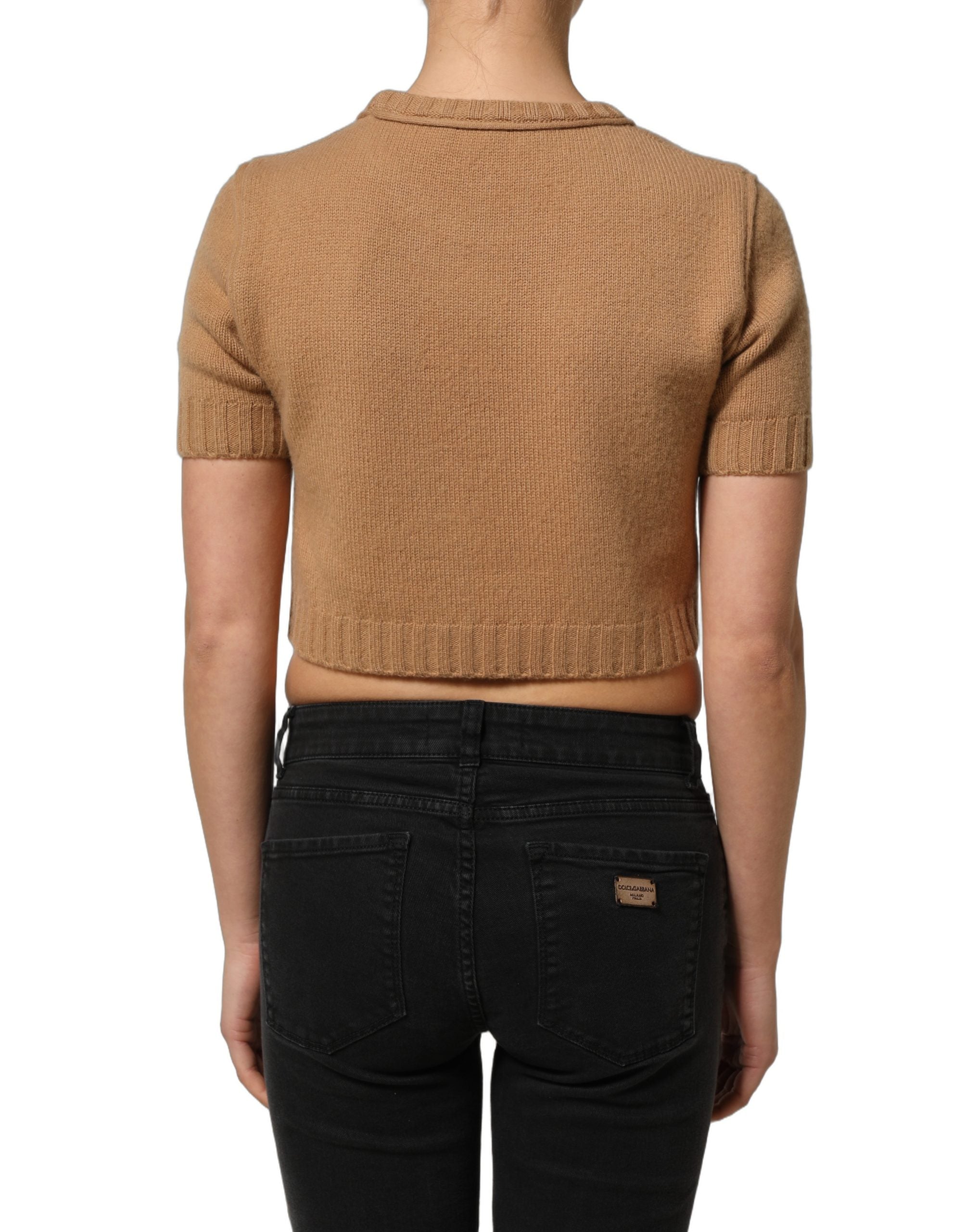 Brown Wool Short Sleeves Cropped Blouse Top