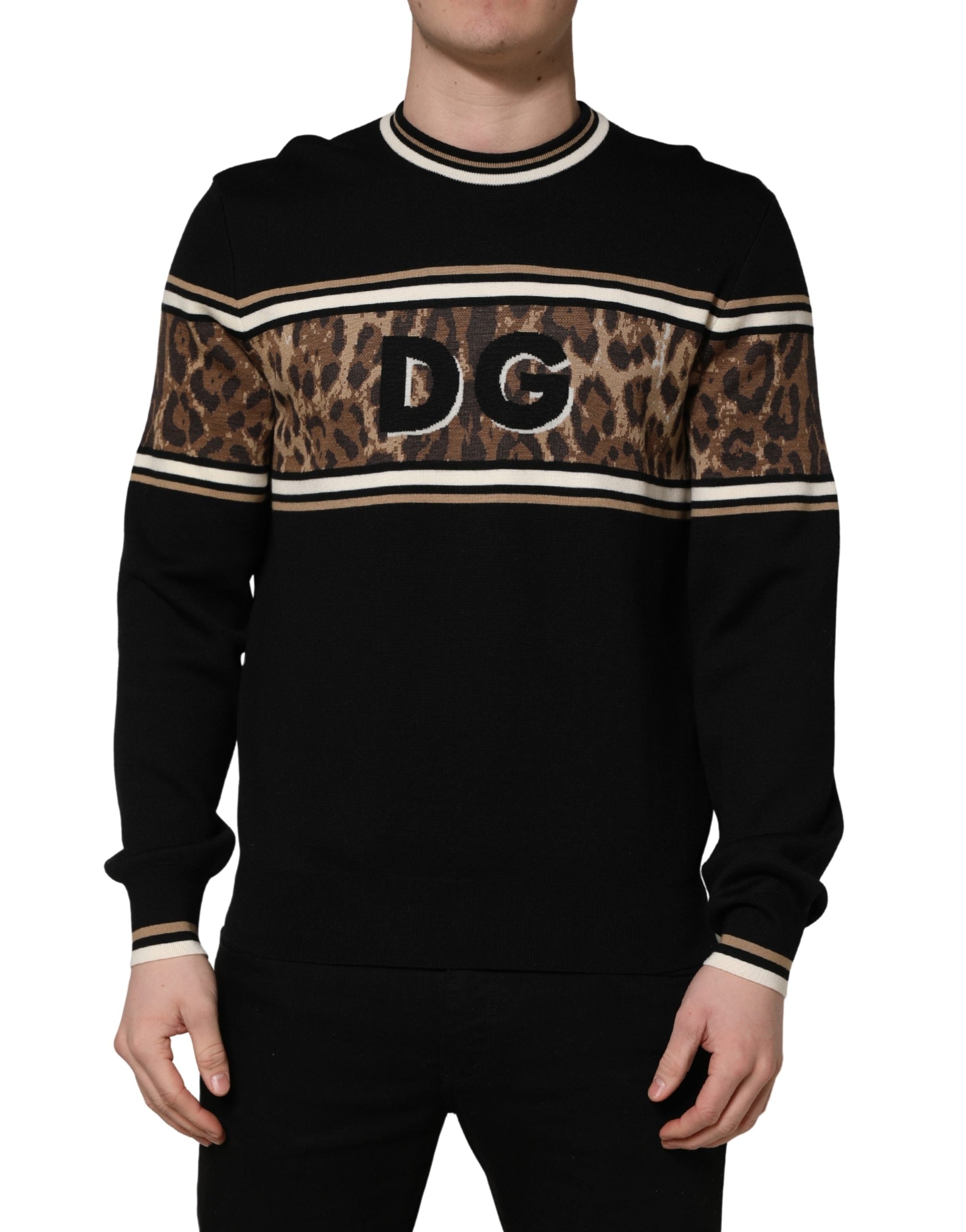 Black Leopard Wool Crew Neck Men Pullover Sweater