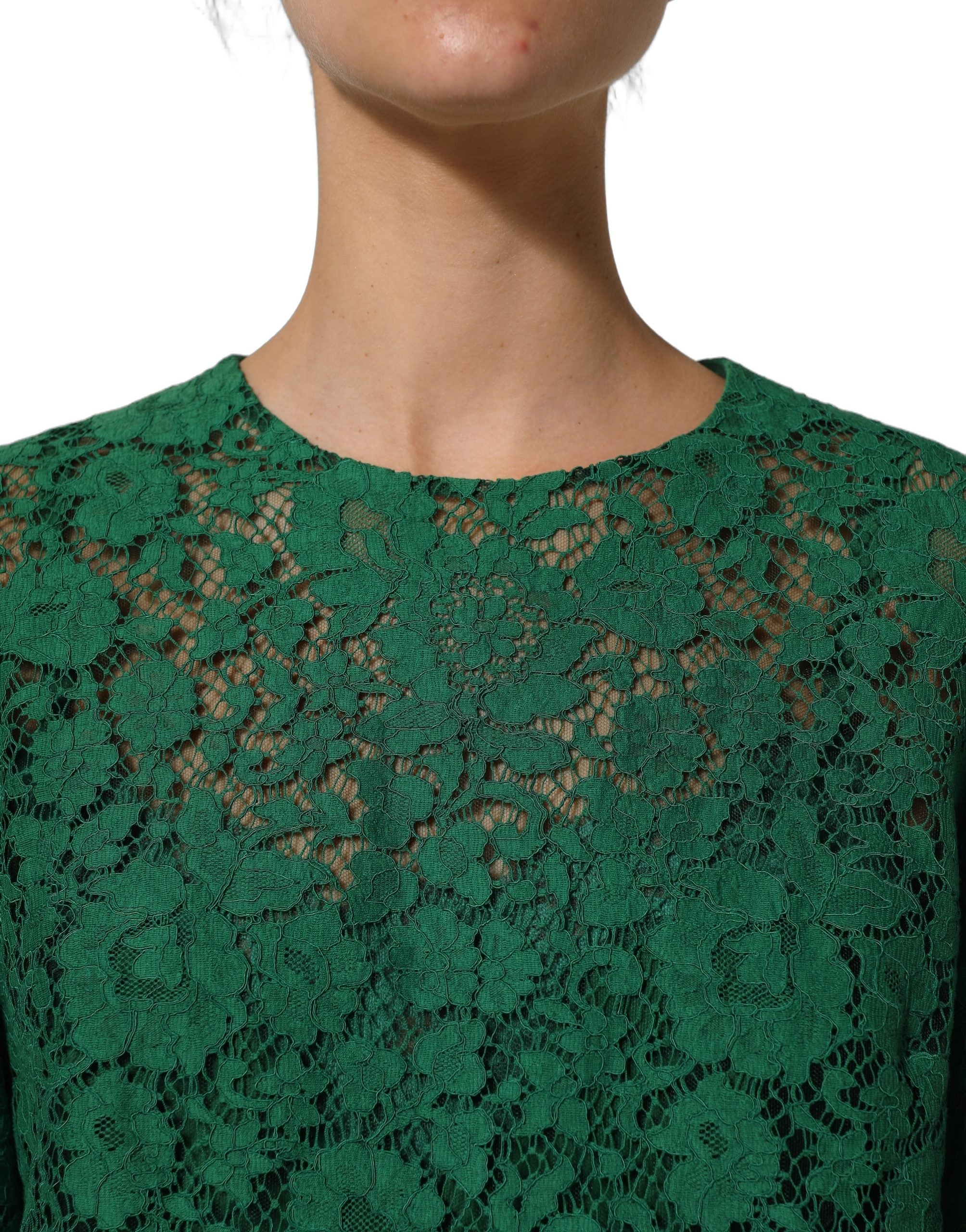Green Floral Lace Round Neck Blouse Top