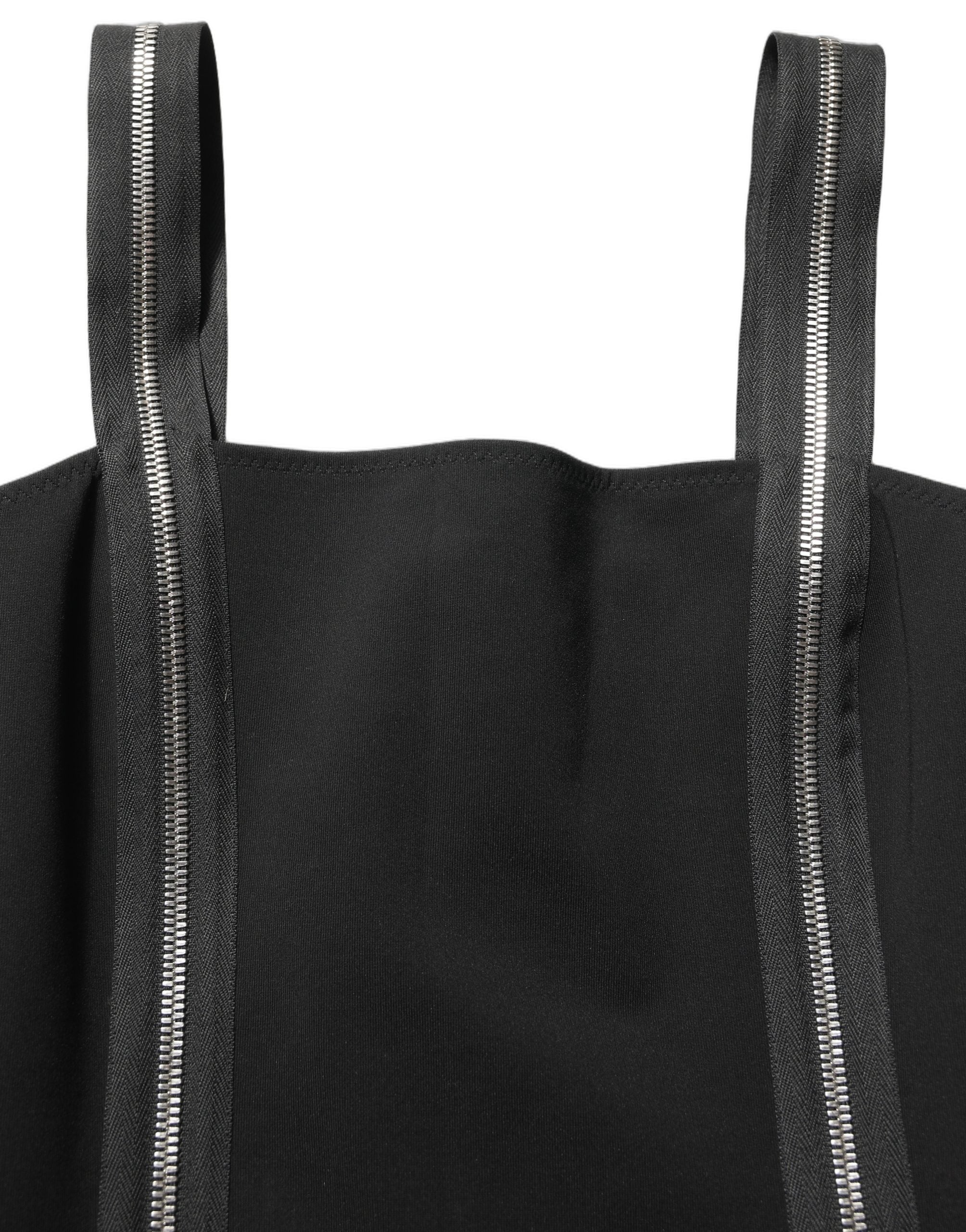 Black Sleeveless Front Zipper Midi Dress