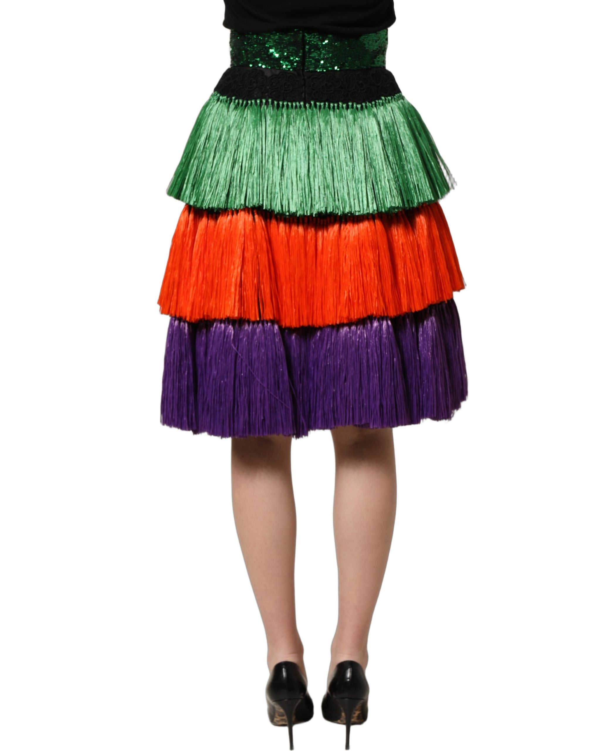Multicolor Fringed High Waist Knee Length Skirt
