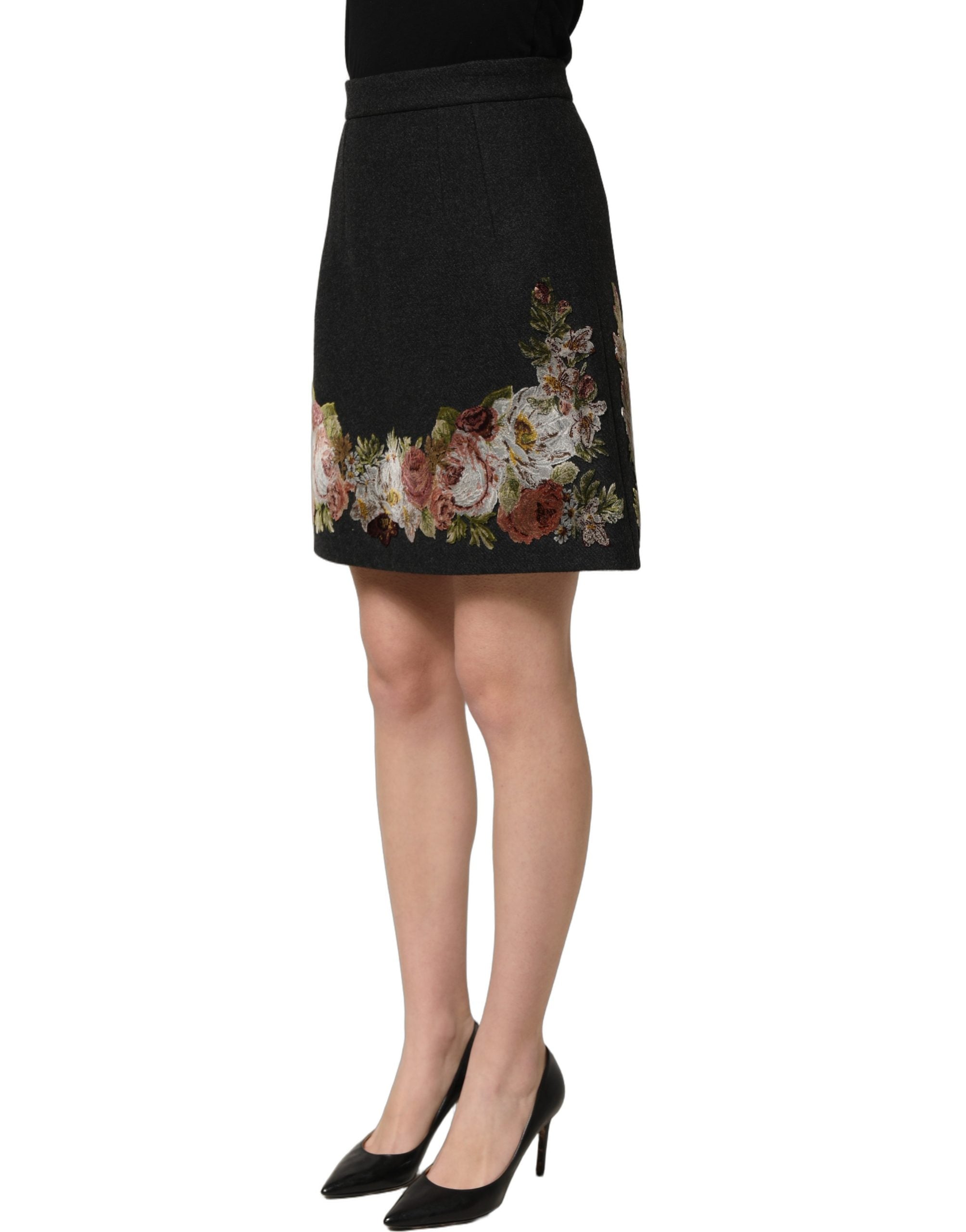 Black Floral Macramé High Waist A-line Skirt