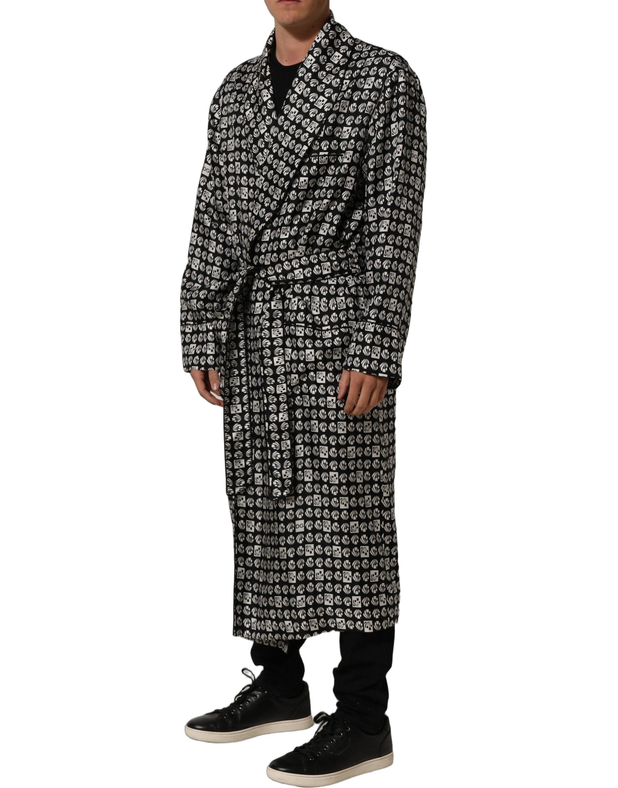 Black White Silk Men Wrap Robe Coat Jacket
