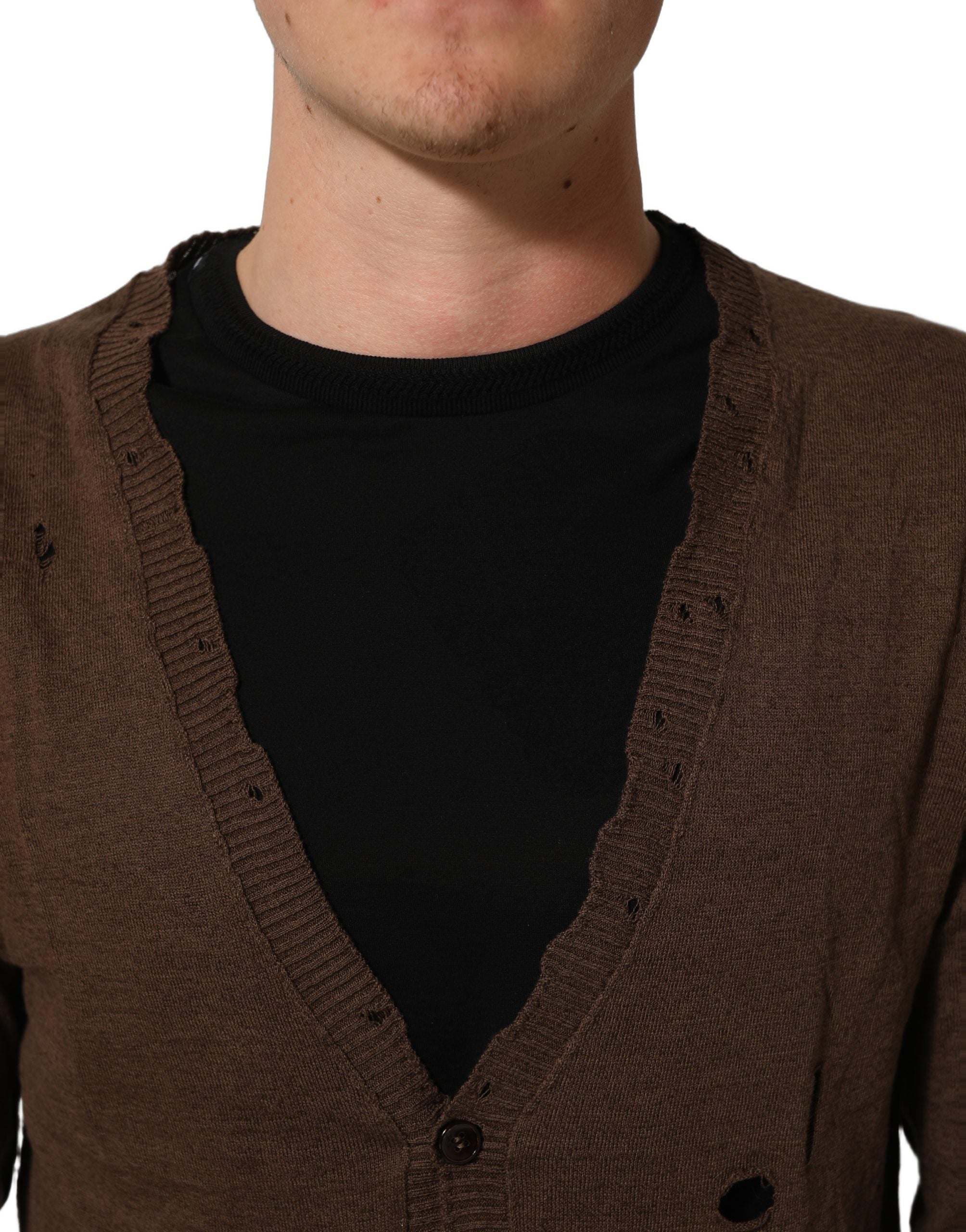 Brown Flax Buttoned V-neck Pullover Sweater