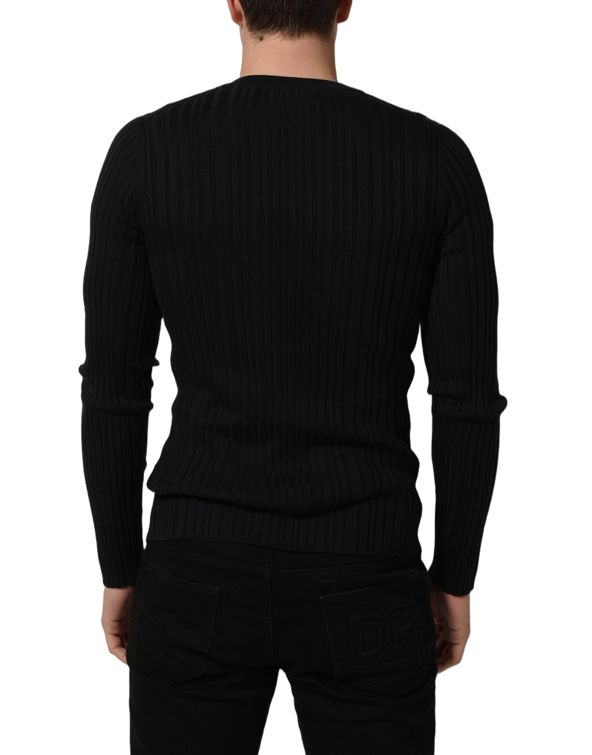 Black Silk Blend V-neck Pullover Men Sweater