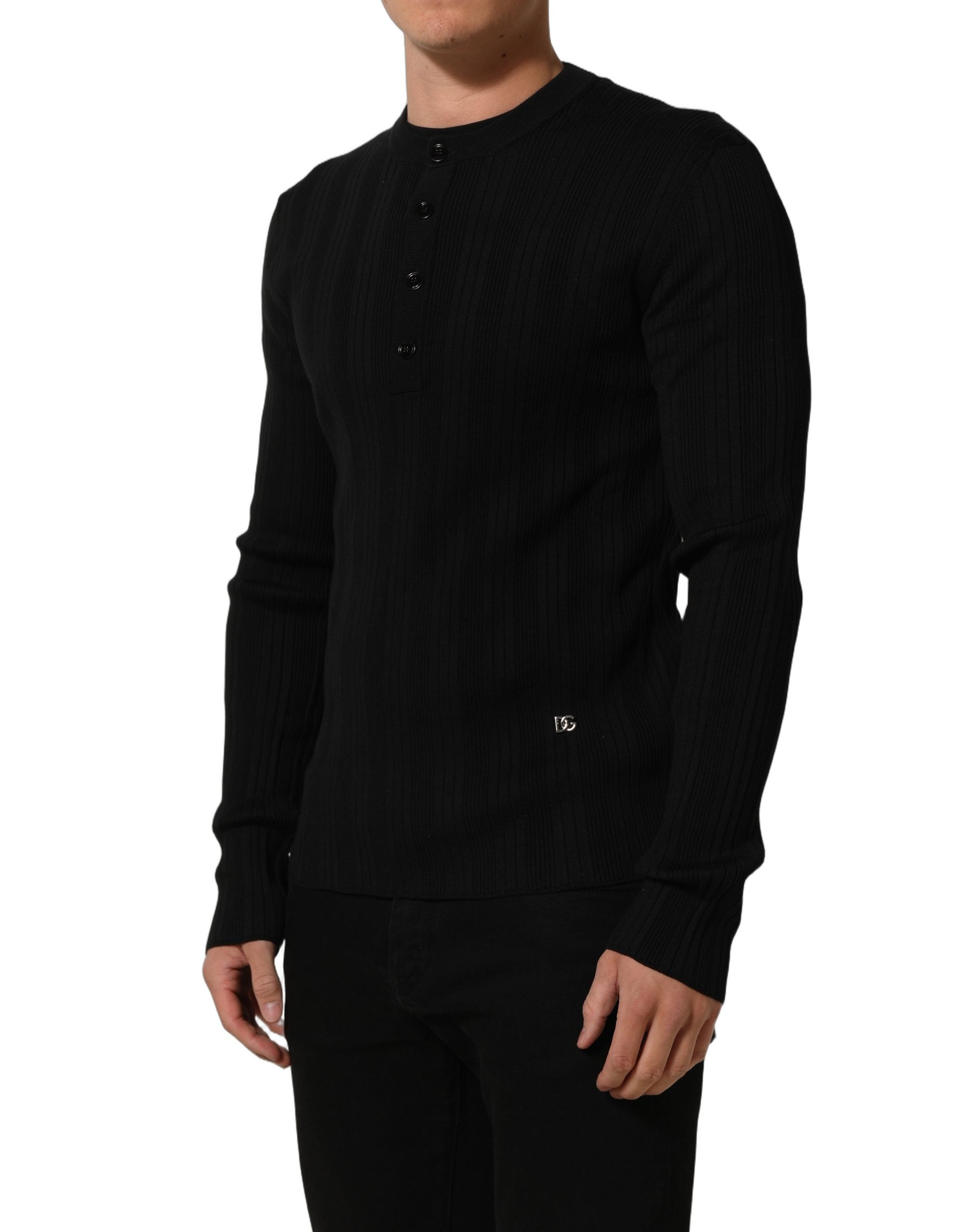 Black Silk Blend Henley Pullover Men Sweater