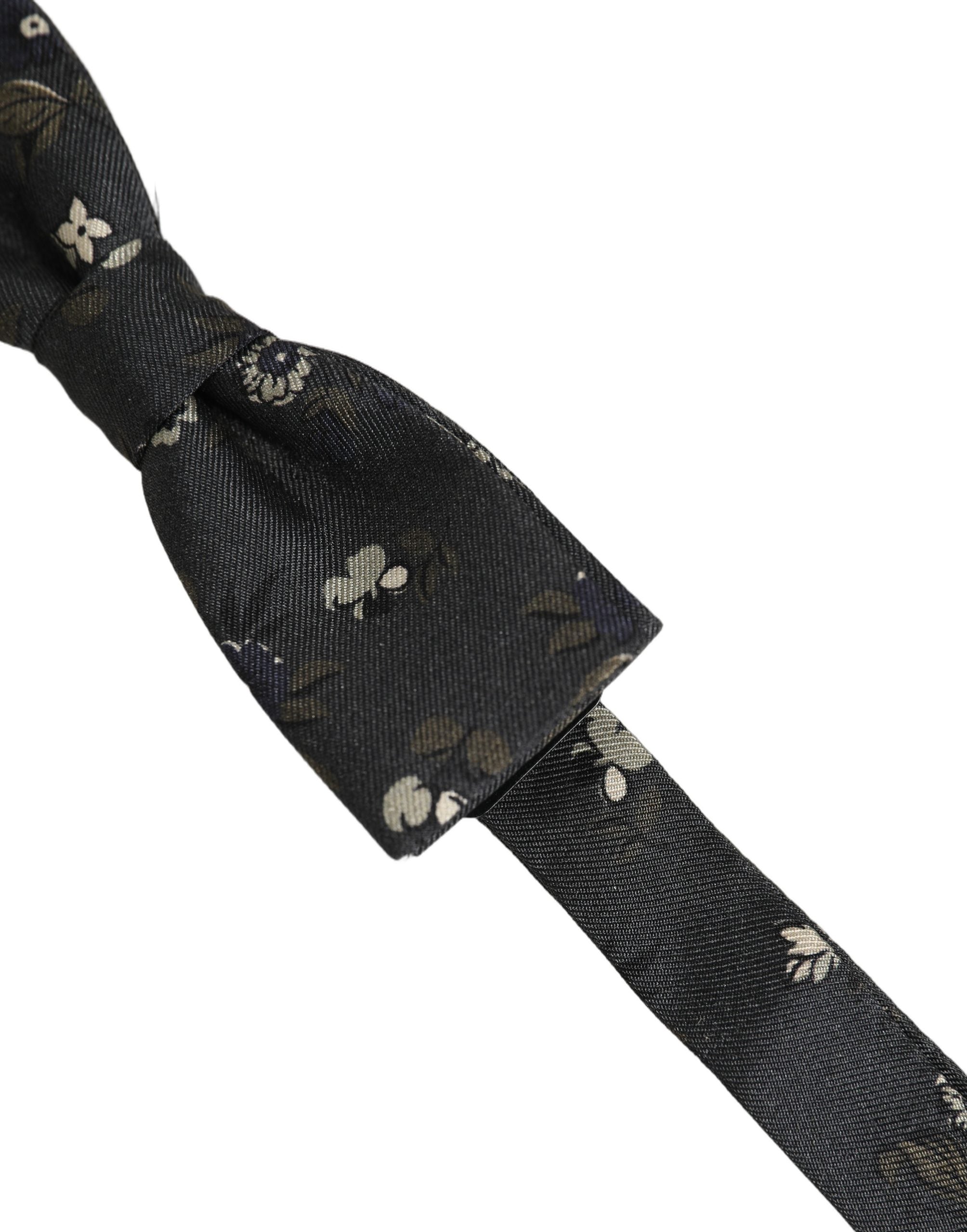 Men Black Floral Silk Adjustable Neck Papillon Bow Tie