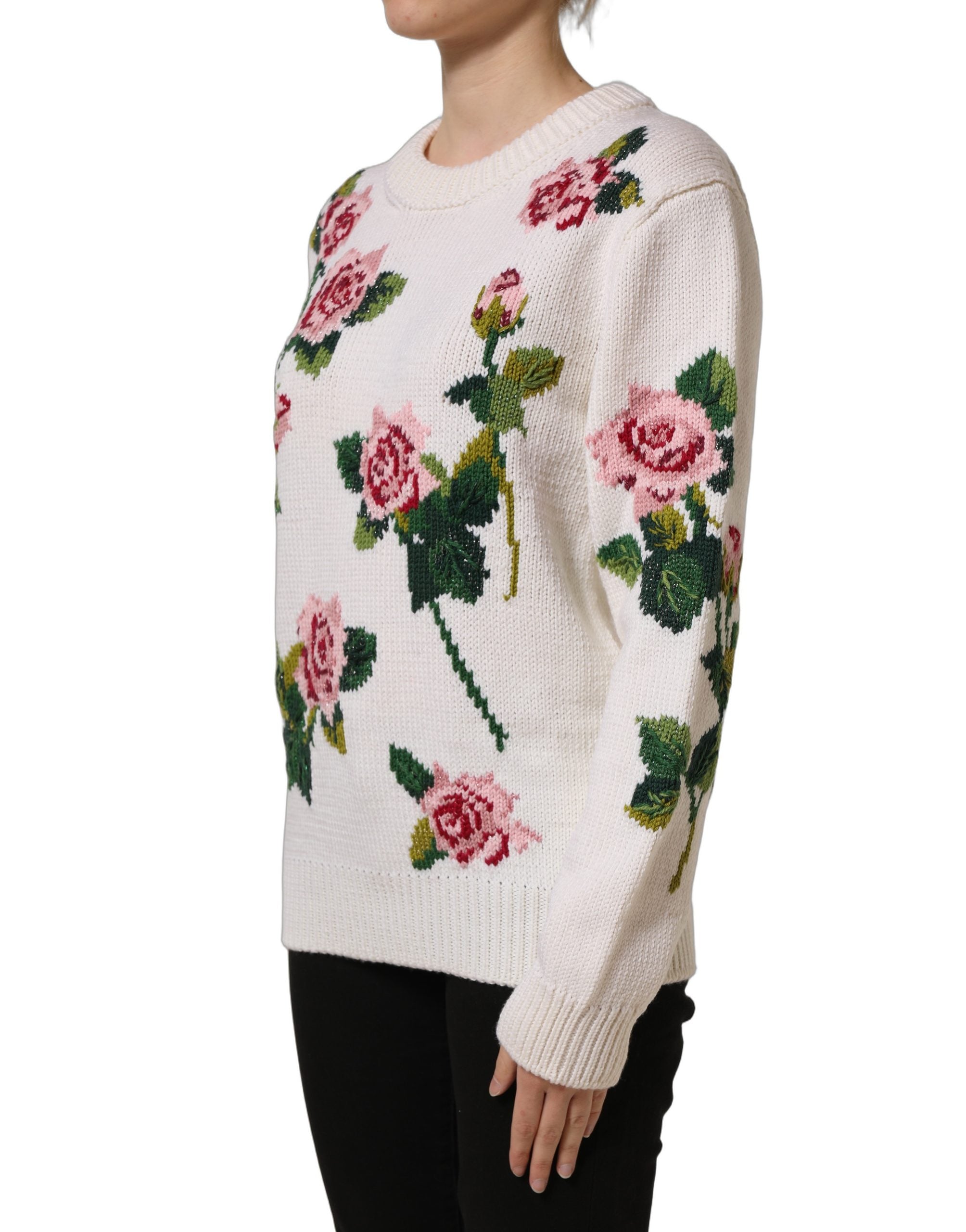 White Wool Floral Crew Neck Pullover Sweater