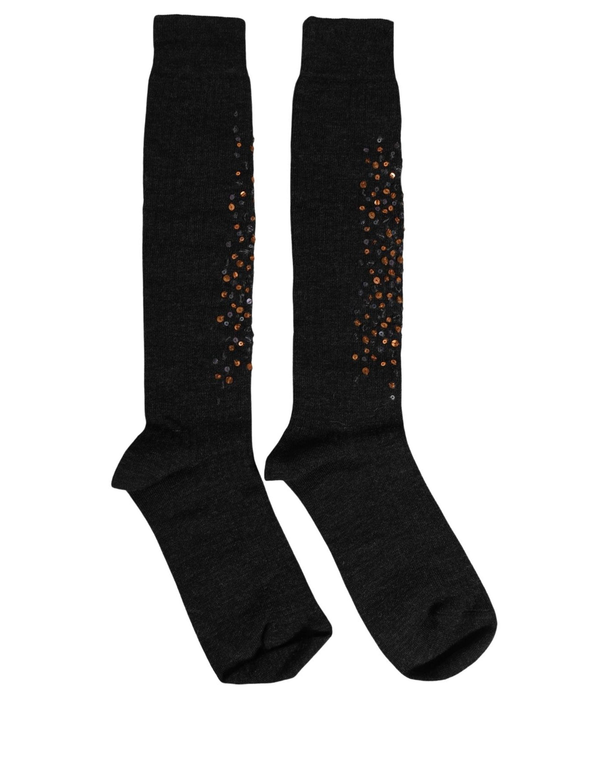 Dark Gray Sequined Wool Knee High Accessory Socks
