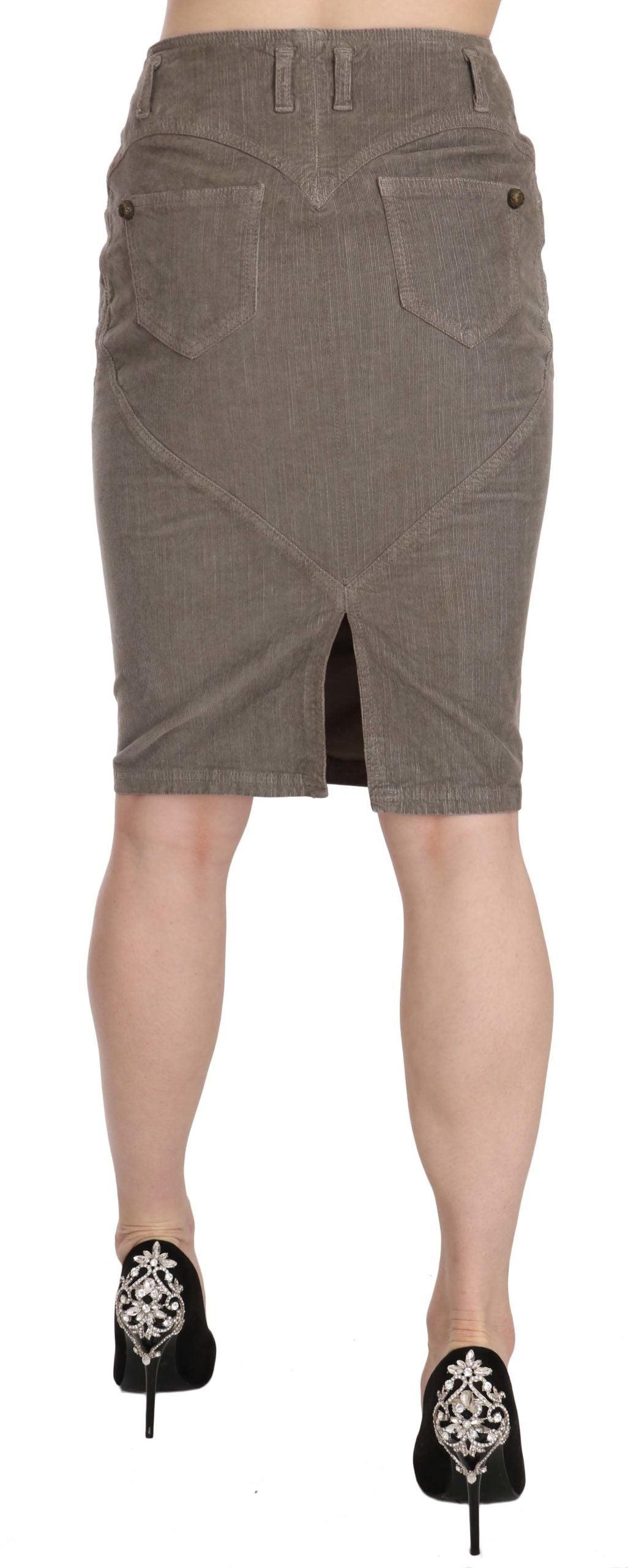 Chic Gray Pencil Skirt with Logo Details - ventzia