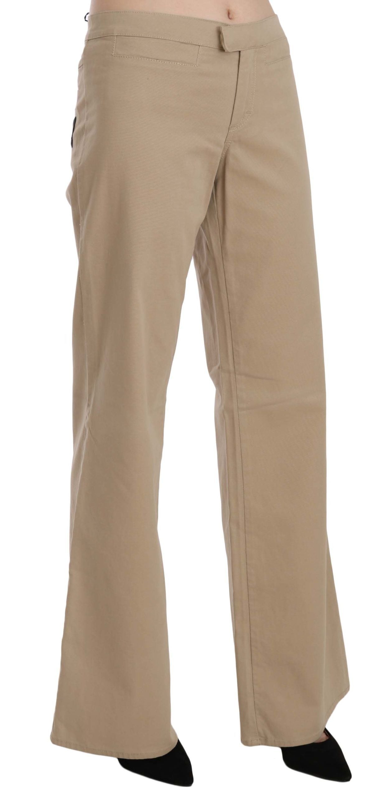 Beige Mid Waist Flared Luxury Trousers - ventzia