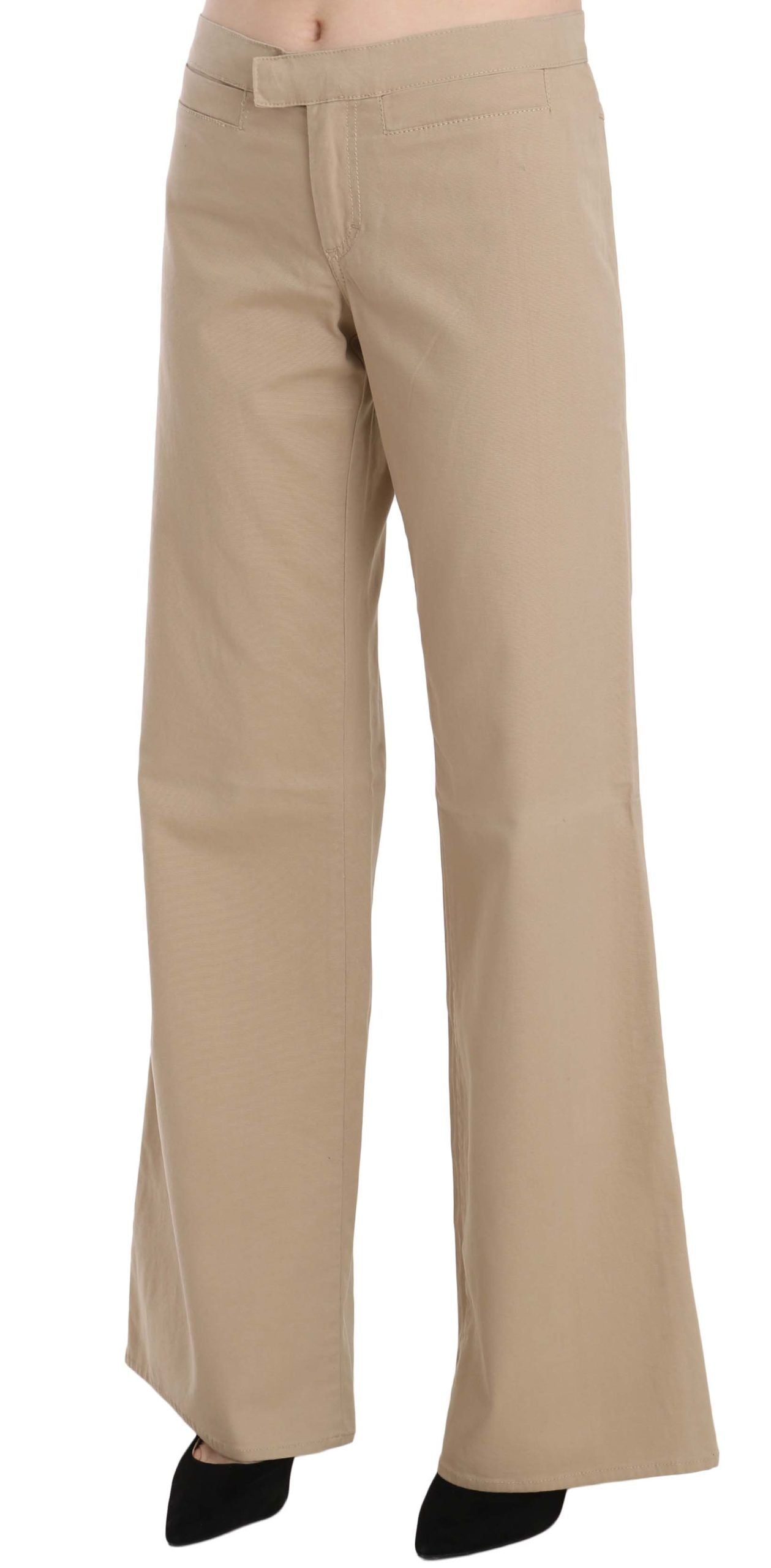 Beige Mid Waist Flared Luxury Trousers - ventzia