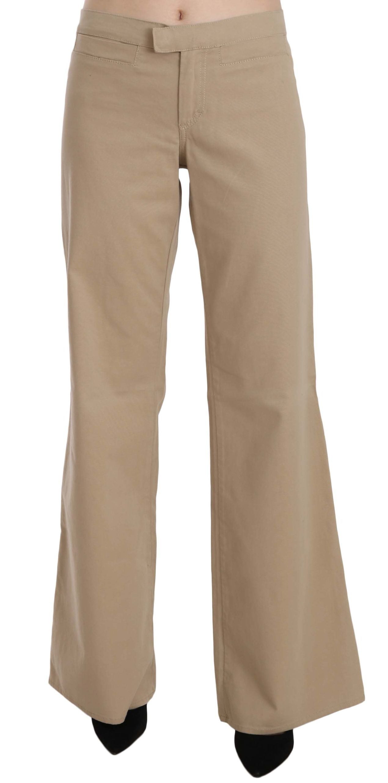 Beige Mid Waist Flared Luxury Trousers - ventzia