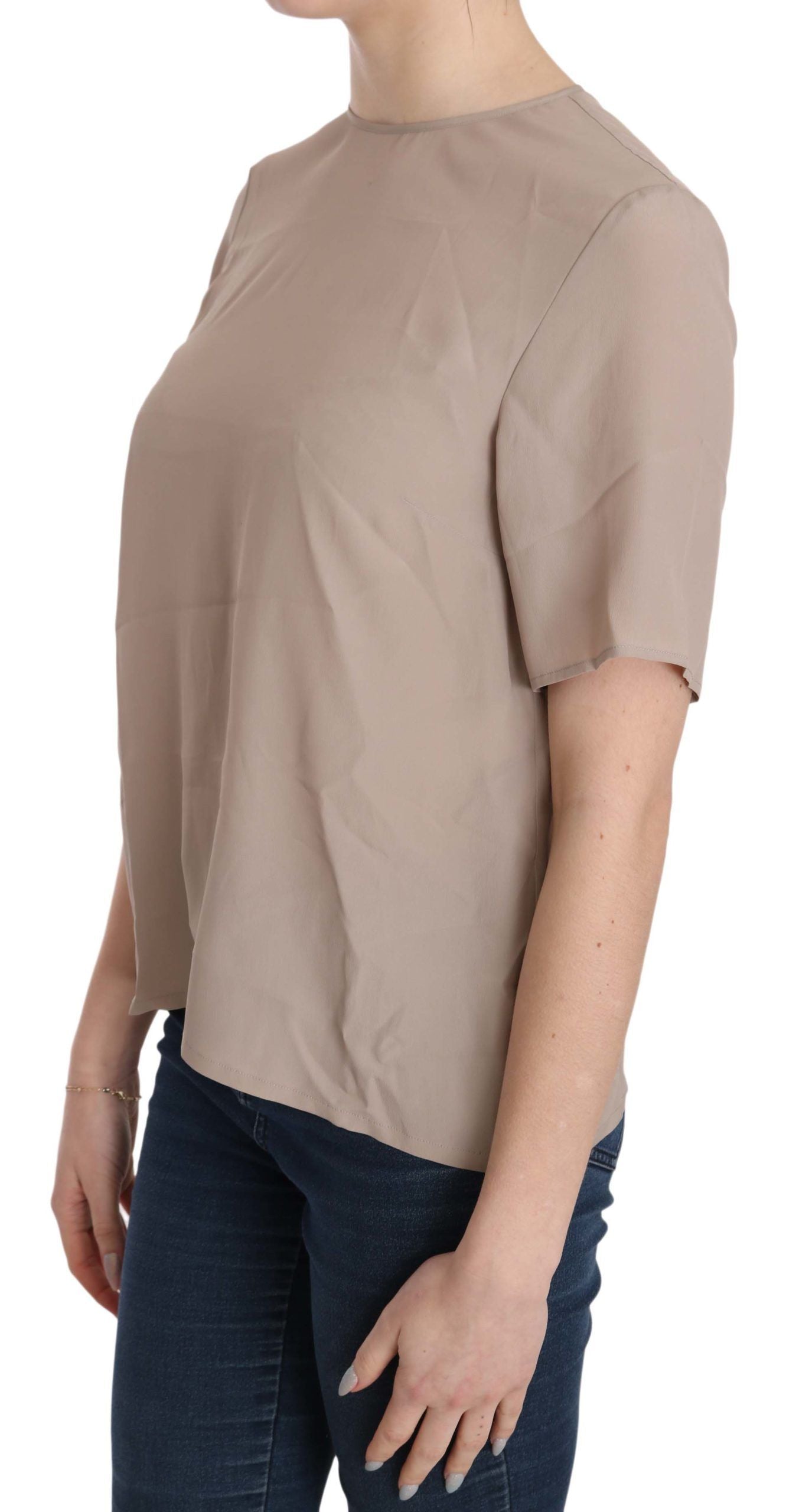 Elegant Beige Silk Blend Crew Neck Blouse - ventzia