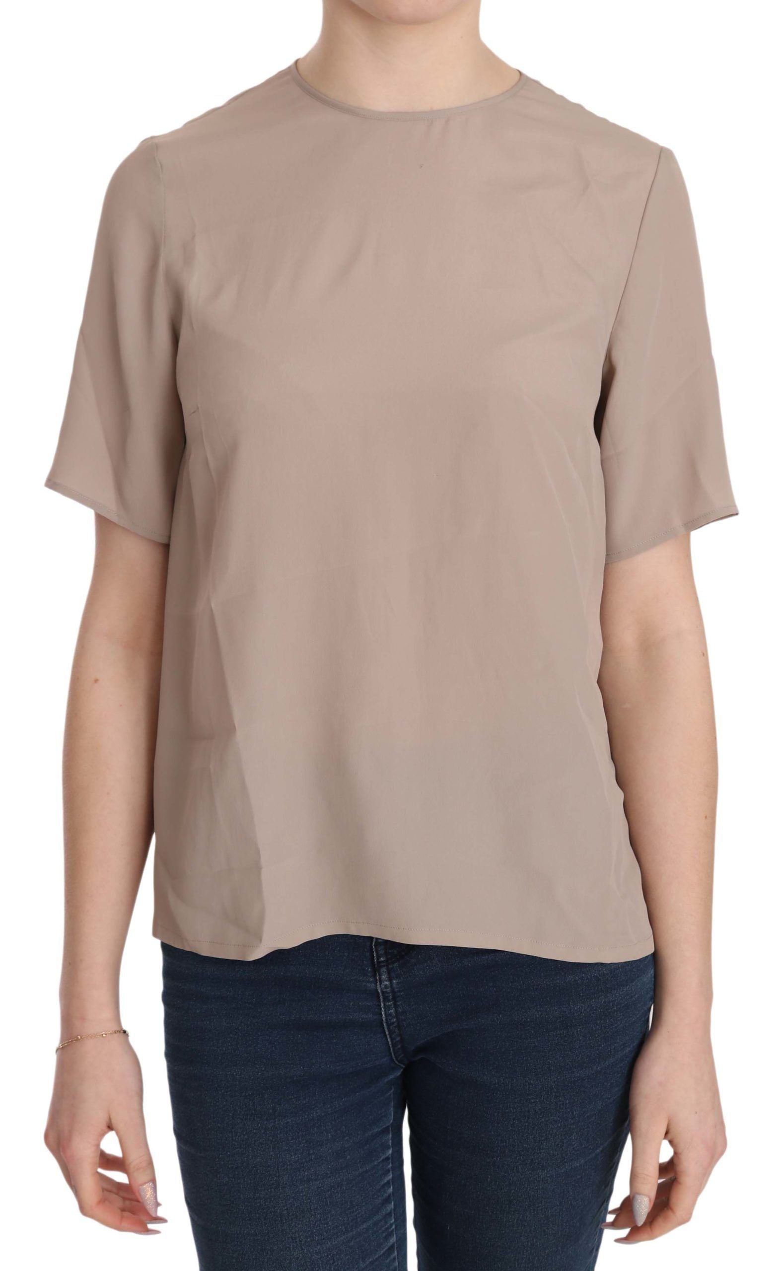 Elegant Beige Silk Blend Crew Neck Blouse - ventzia