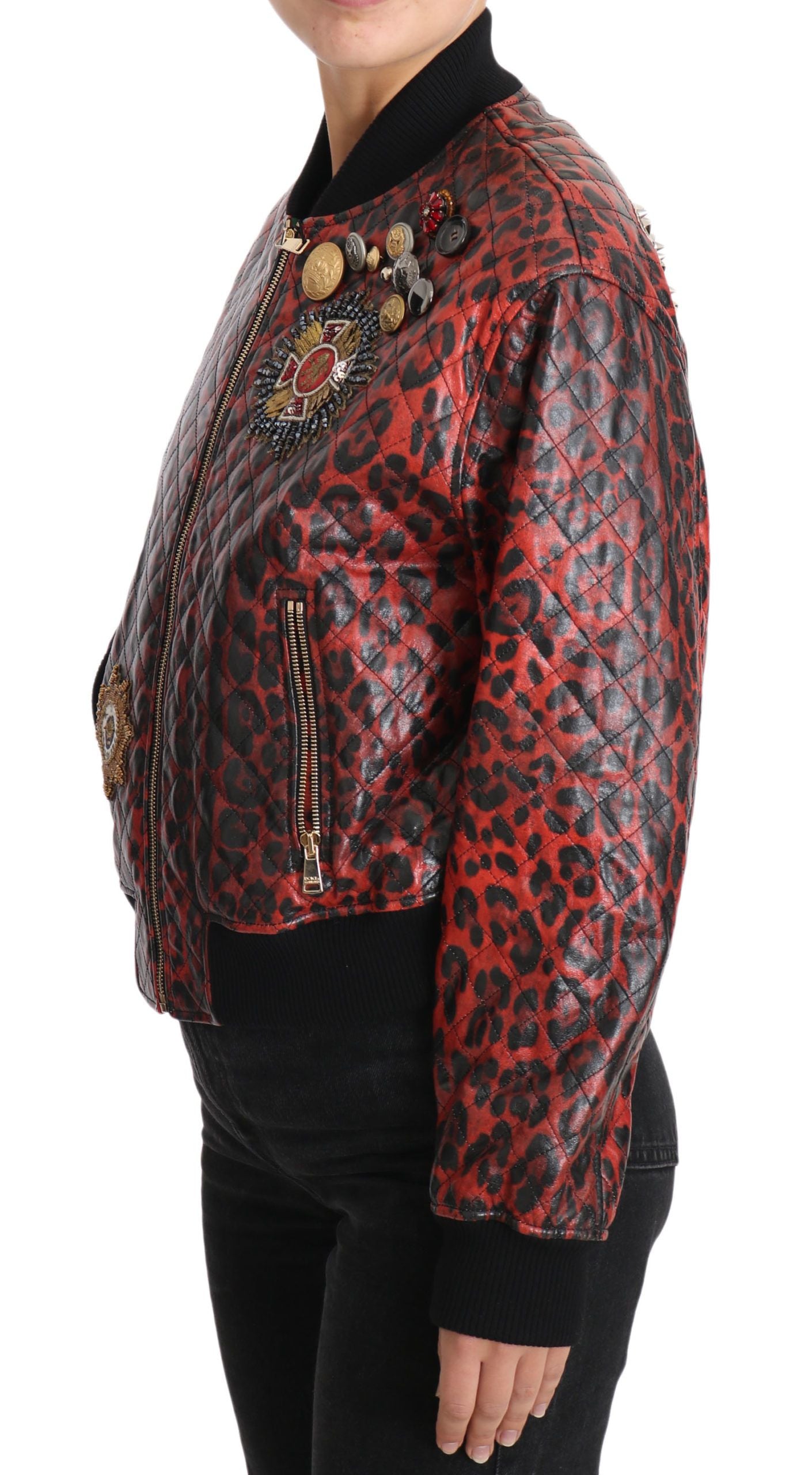Red Leopard Bomber Leather Jacket with Crystal Buttons - ventzia