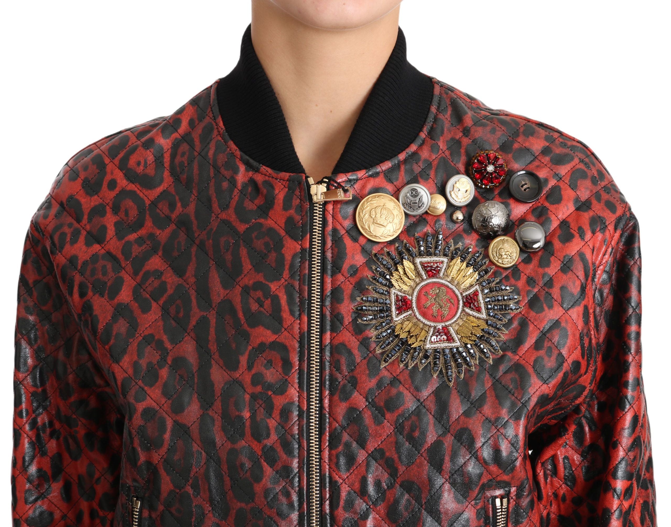 Red Leopard Bomber Leather Jacket with Crystal Buttons - ventzia