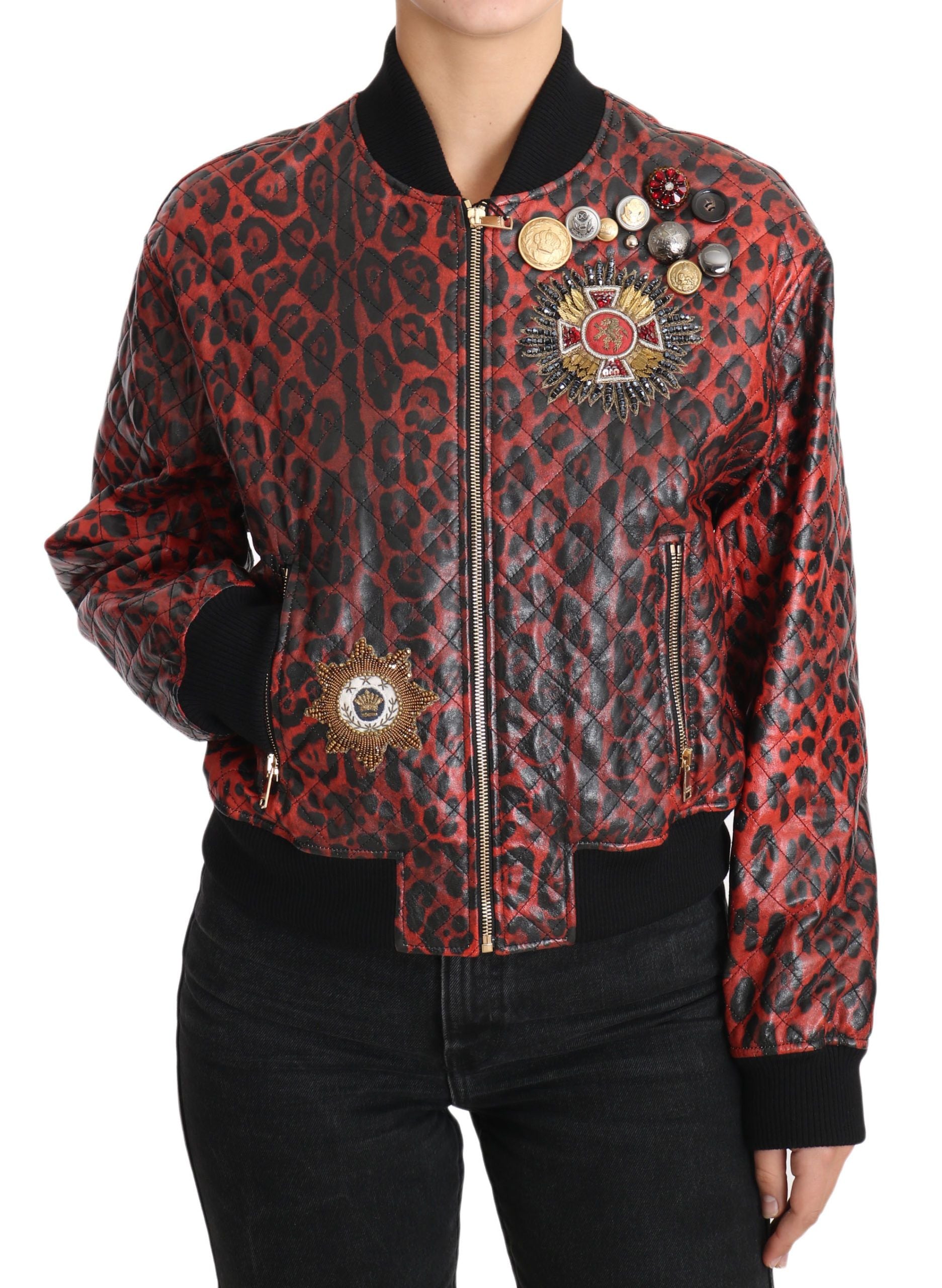 Red Leopard Bomber Leather Jacket with Crystal Buttons - ventzia
