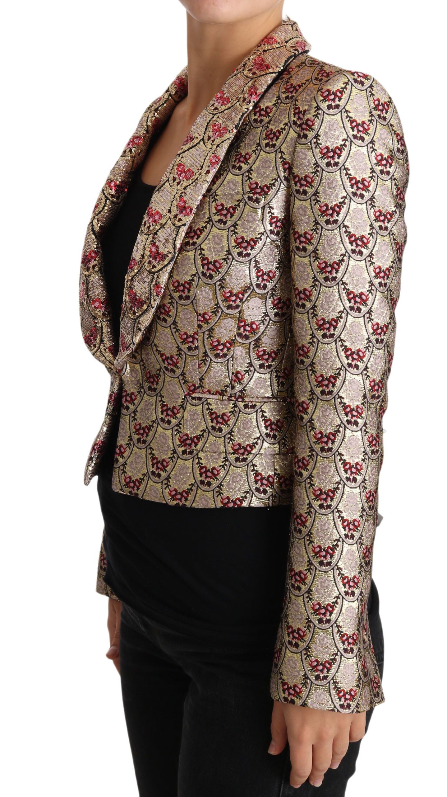 Glittering Gold Floral Sequined Blazer Jacket - ventzia