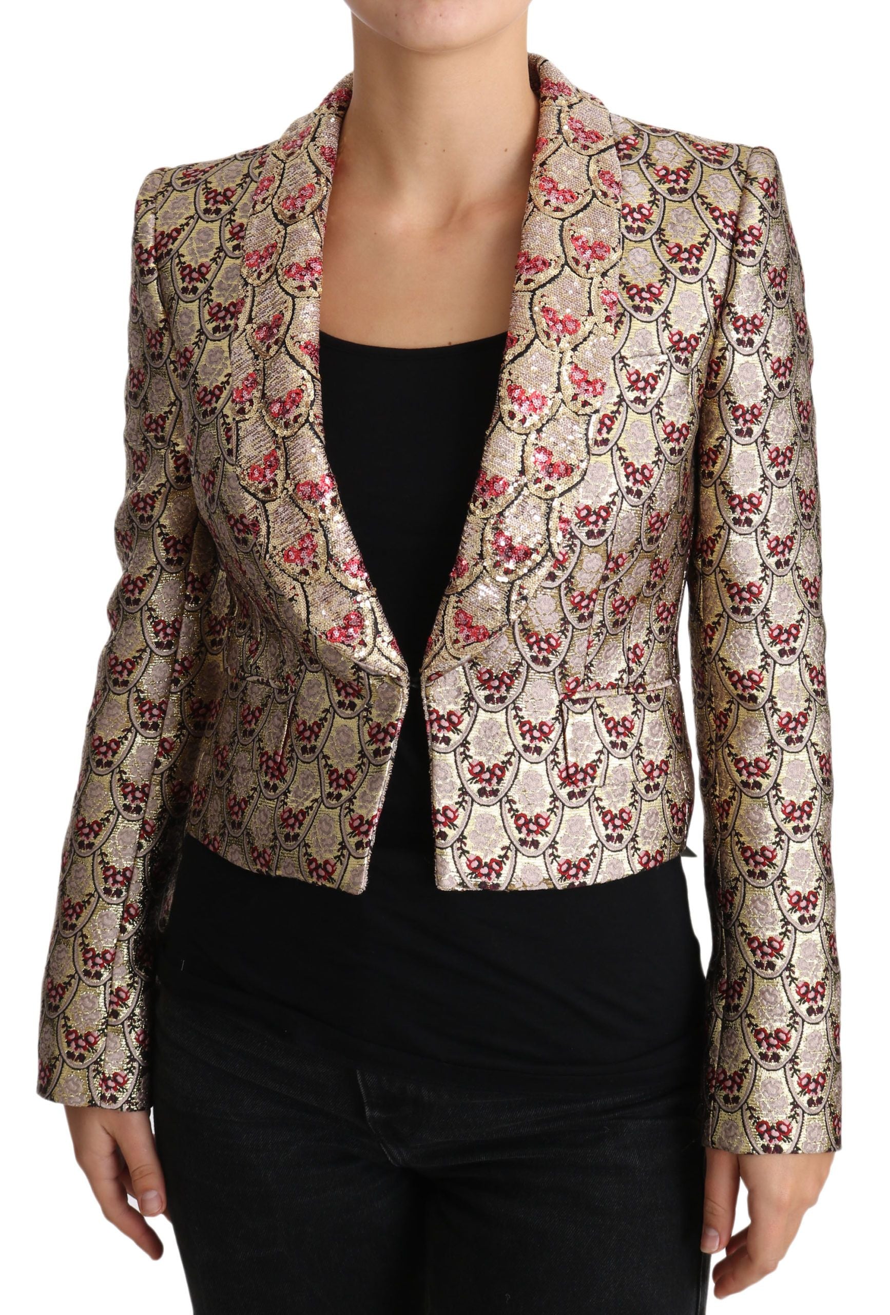 Glittering Gold Floral Sequined Blazer Jacket - ventzia