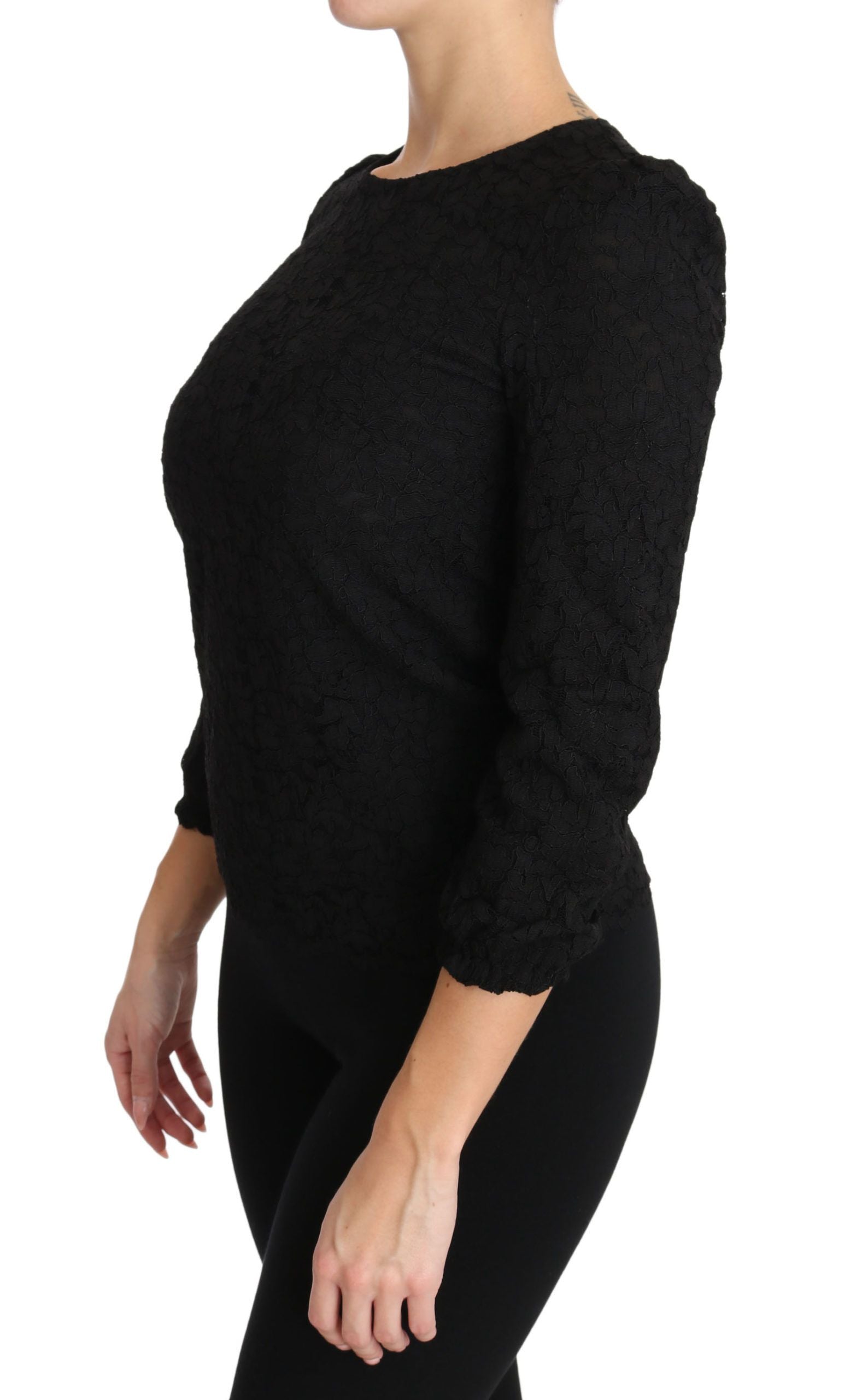Elegant Black Floral Crewneck Blouse - ventzia