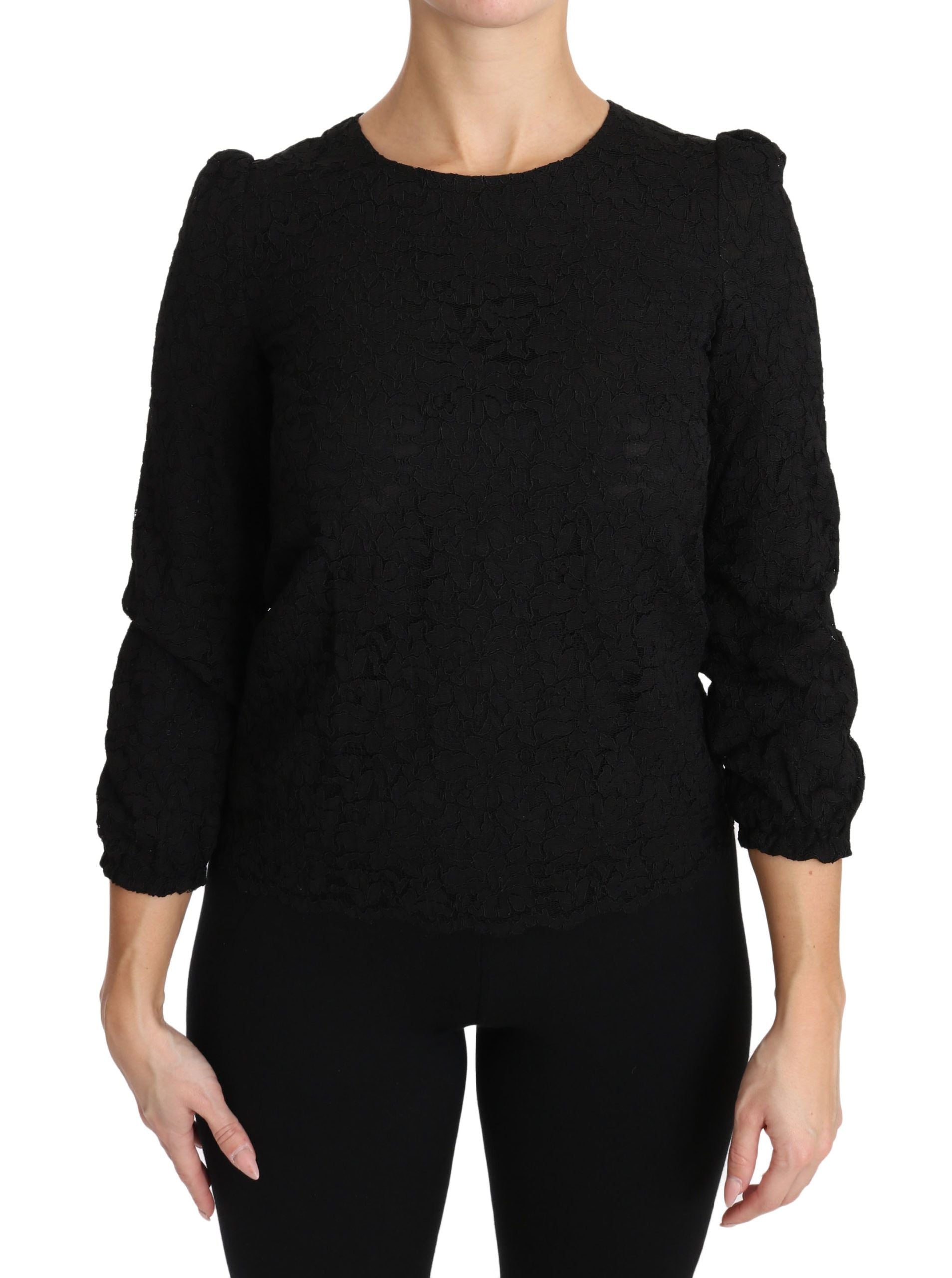 Elegant Black Floral Crewneck Blouse - ventzia