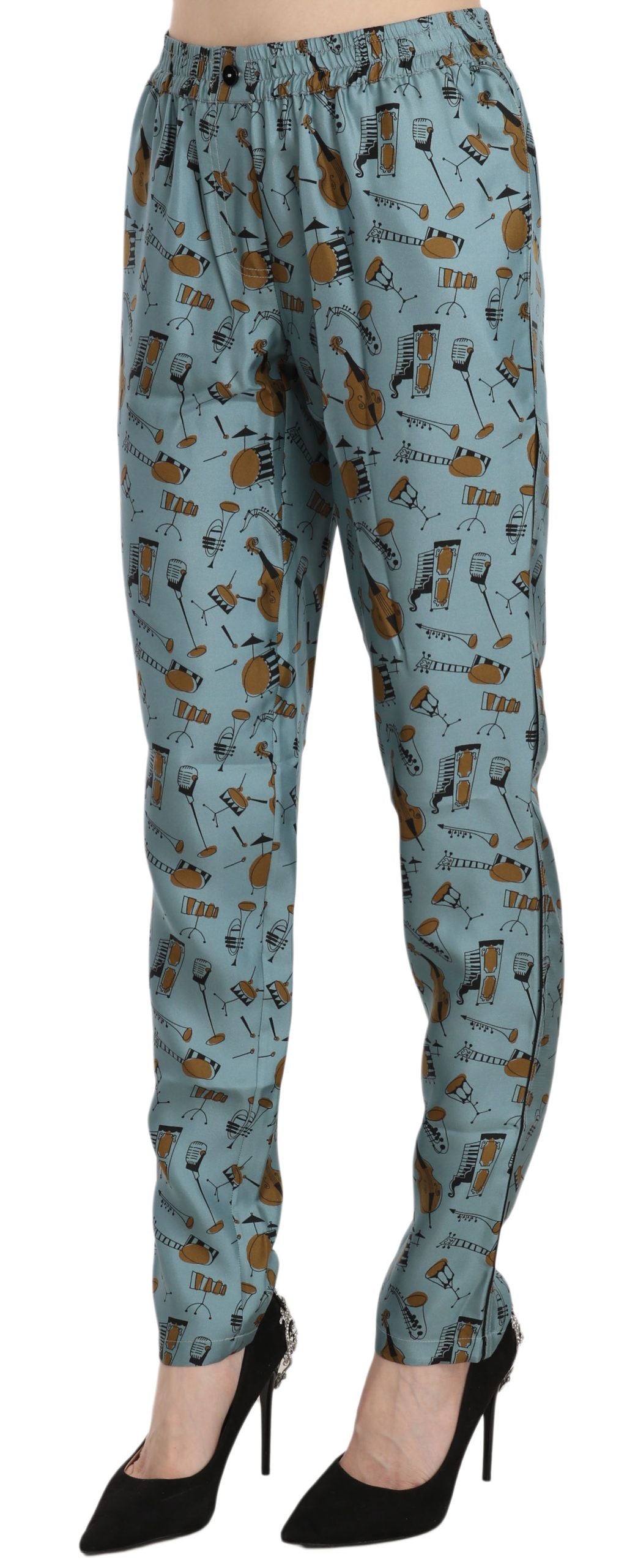 High Waist Tapered Silk Pants in Blue Print - ventzia