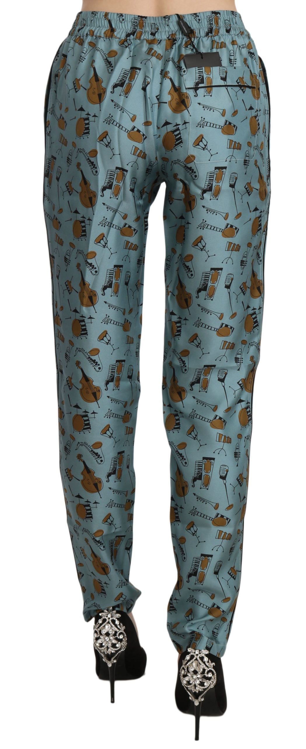 High Waist Tapered Silk Pants in Blue Print - ventzia