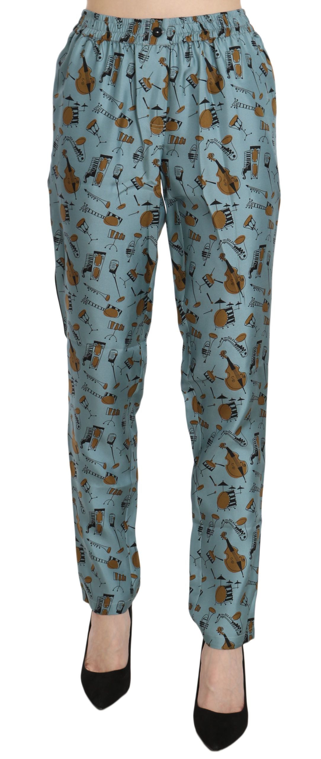 High Waist Tapered Silk Pants in Blue Print - ventzia