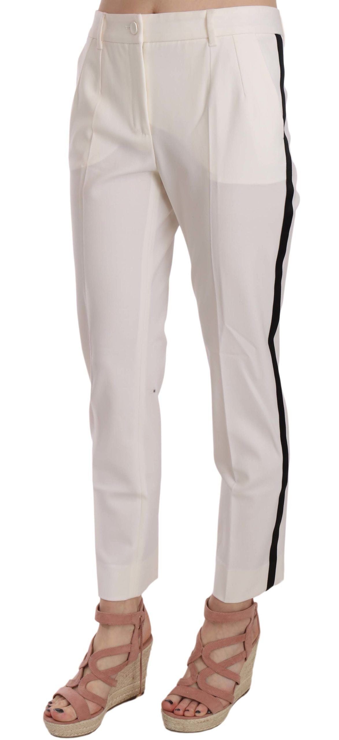 Elegant White Stripe Wool Tapered Trousers - ventzia