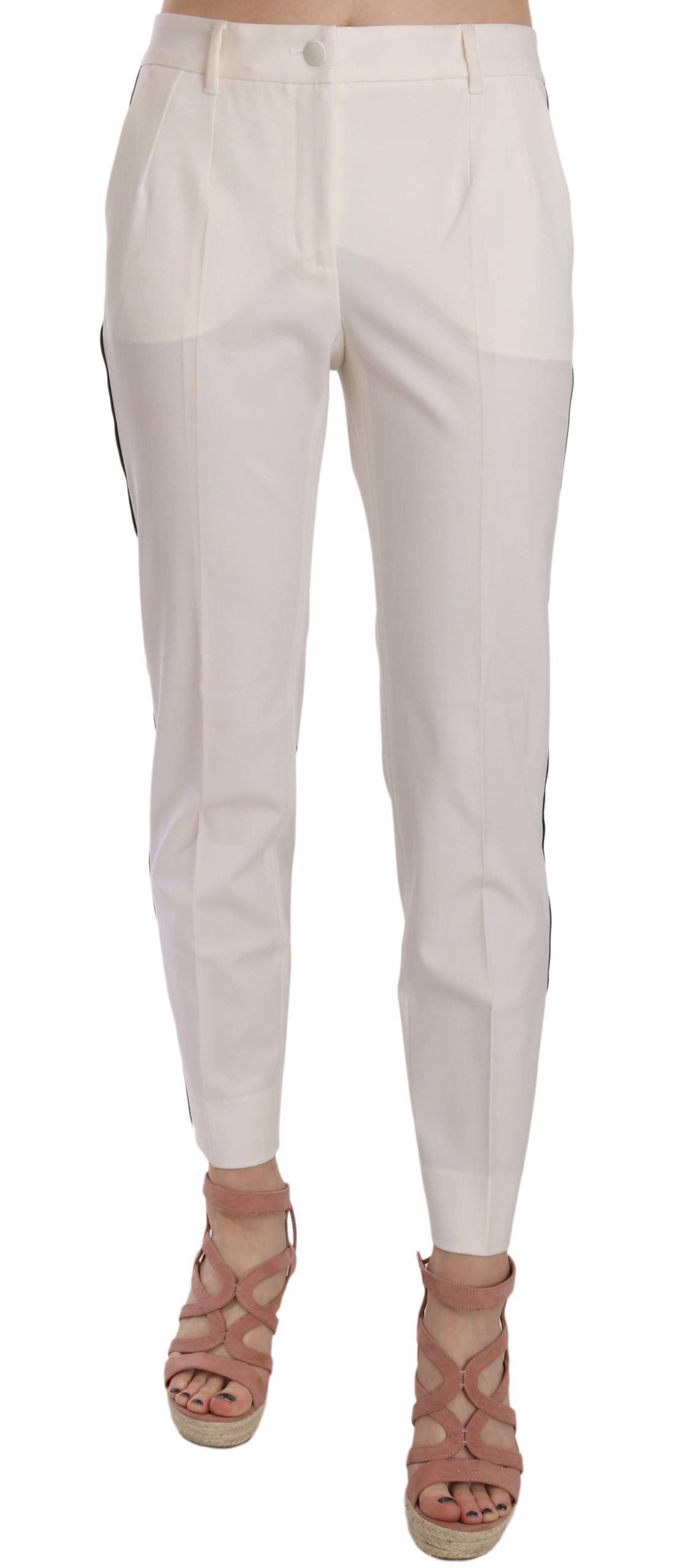 Elegant White Stripe Wool Tapered Trousers - ventzia
