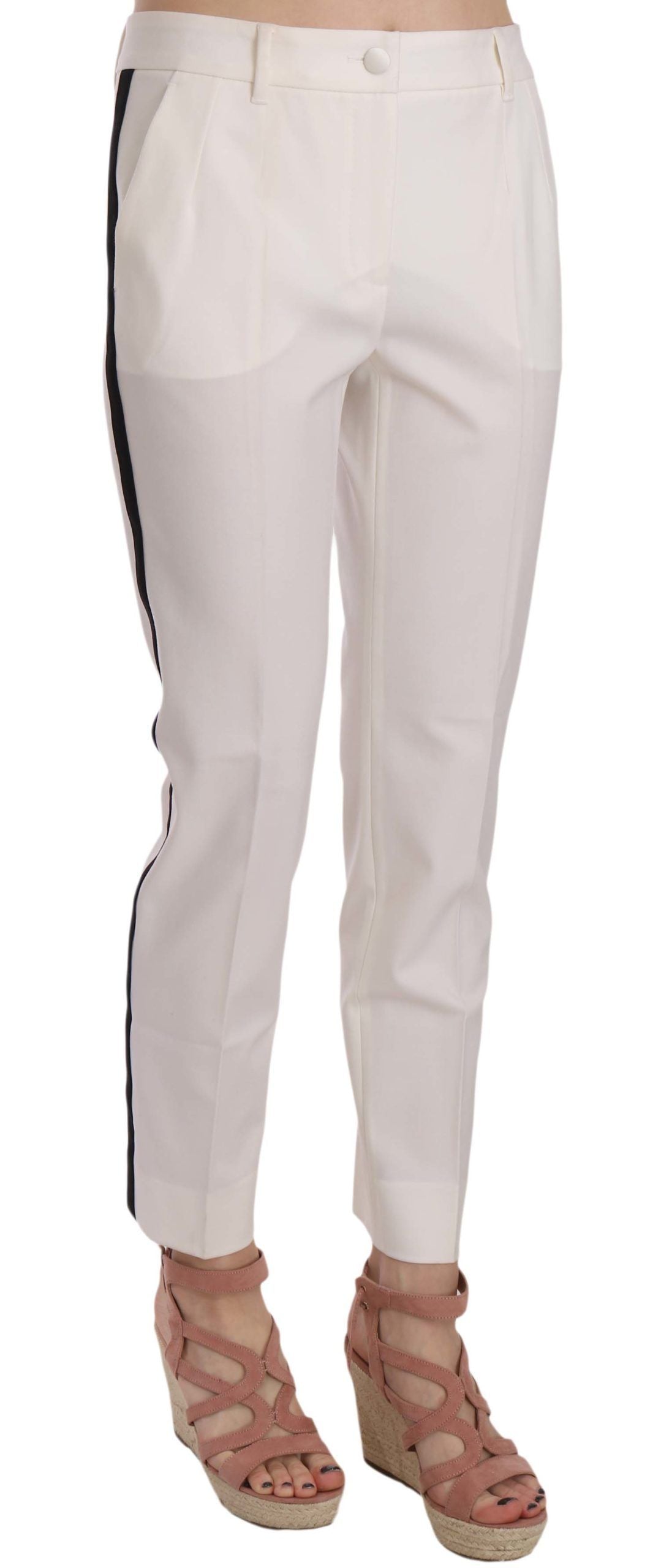 Elegant White Stripe Wool Tapered Trousers - ventzia